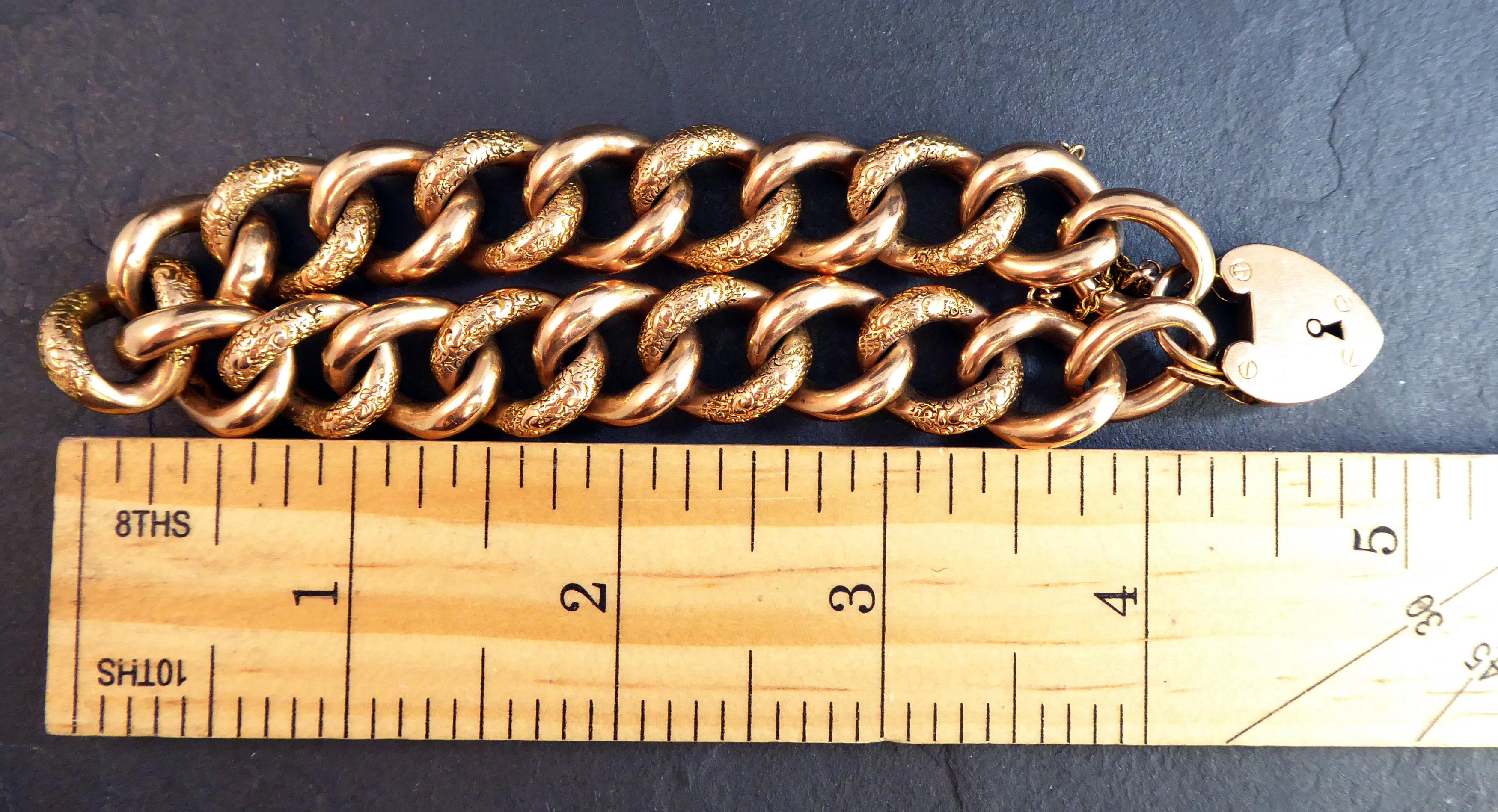 Edwardian Engraved Curb Bracelet, Heavy Gauge Rose Gold Links, Padlock Fastener In Good Condition In Yorkshire, West Yorkshire