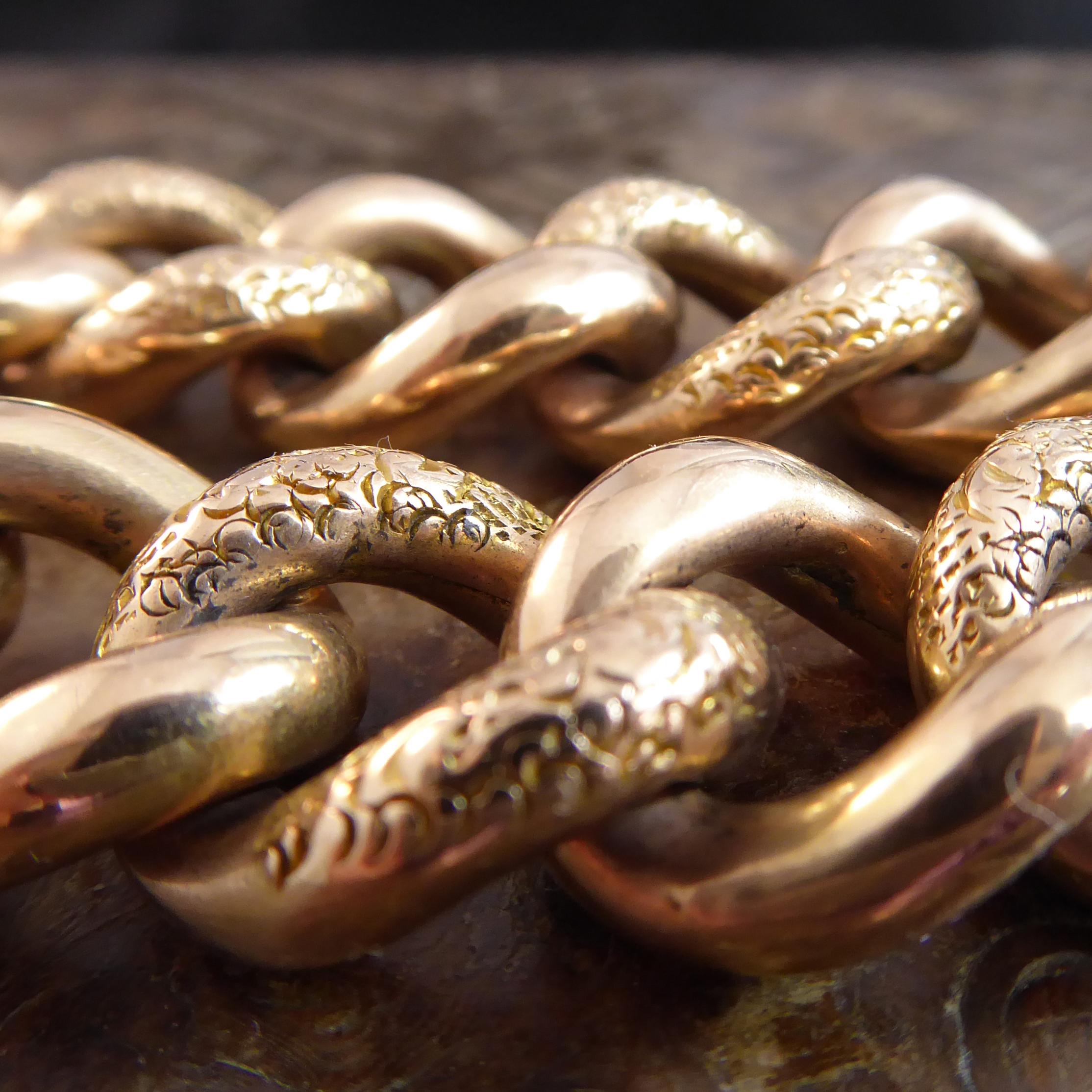 Edwardian Engraved Curb Bracelet, Heavy Gauge Rose Gold Links, Padlock Fastener 2
