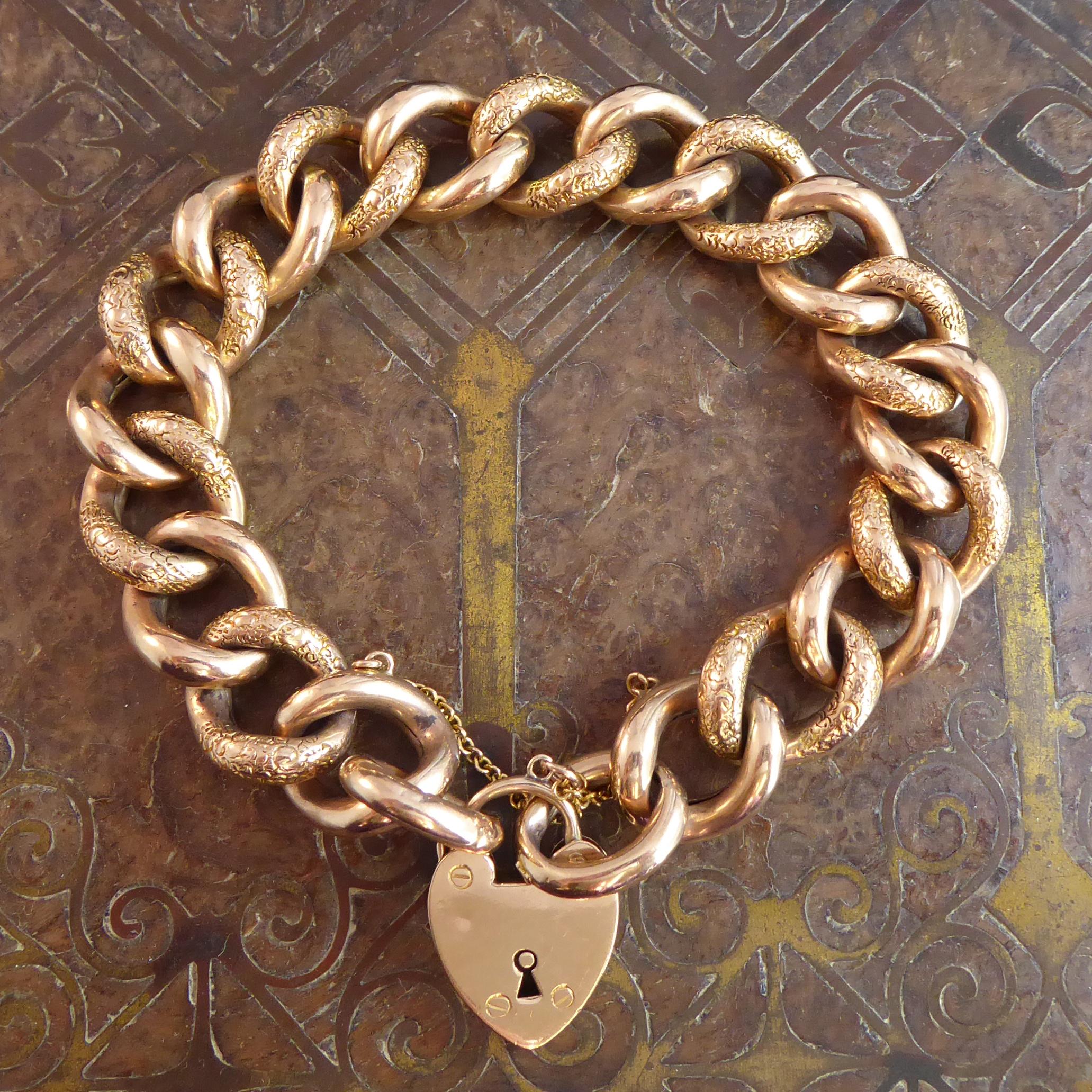 Edwardian Engraved Curb Bracelet, Heavy Gauge Rose Gold Links, Padlock Fastener 3