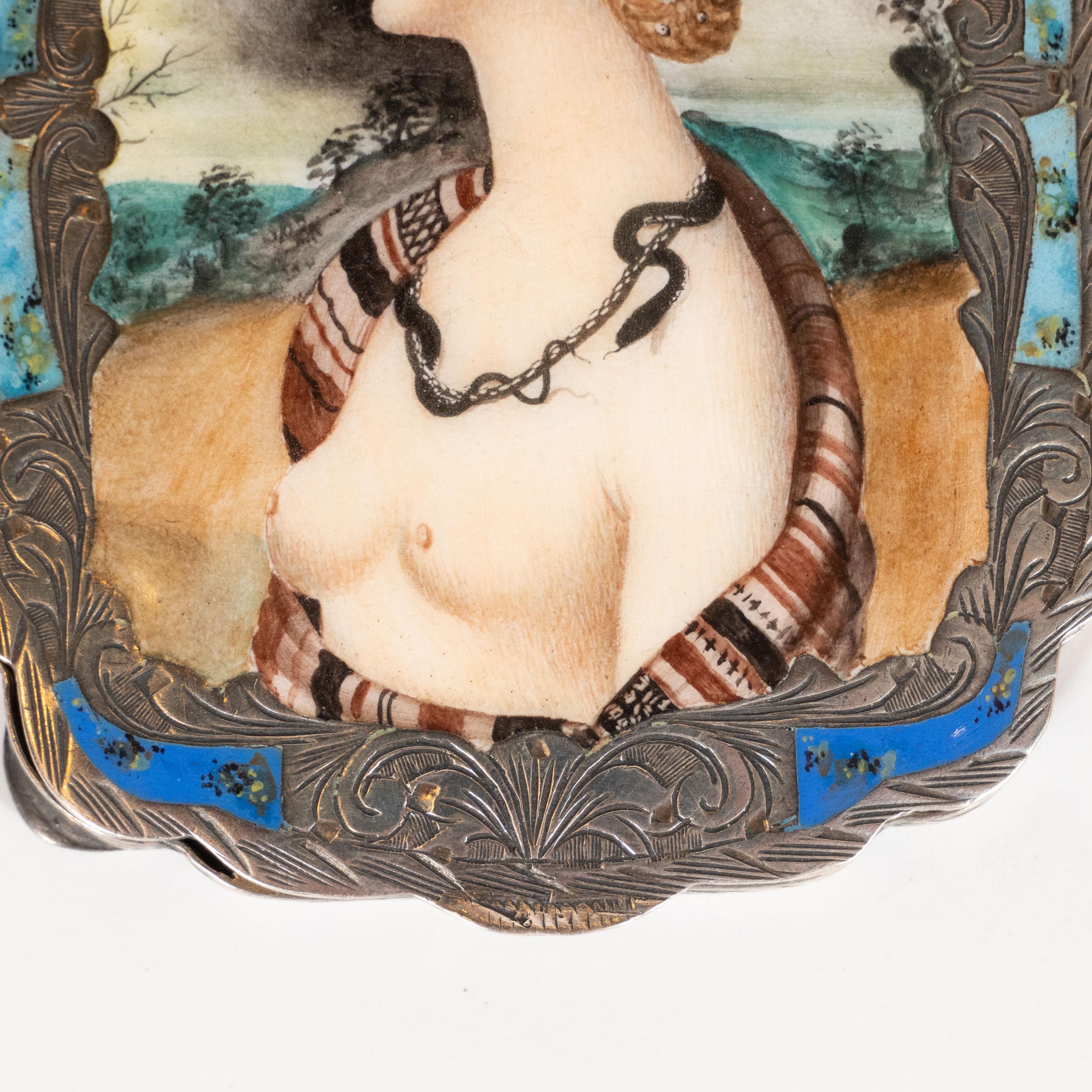 Early 20th Century Edwardian Engraved Silver and Hand Painted Enamel Compact Portrait Mirror