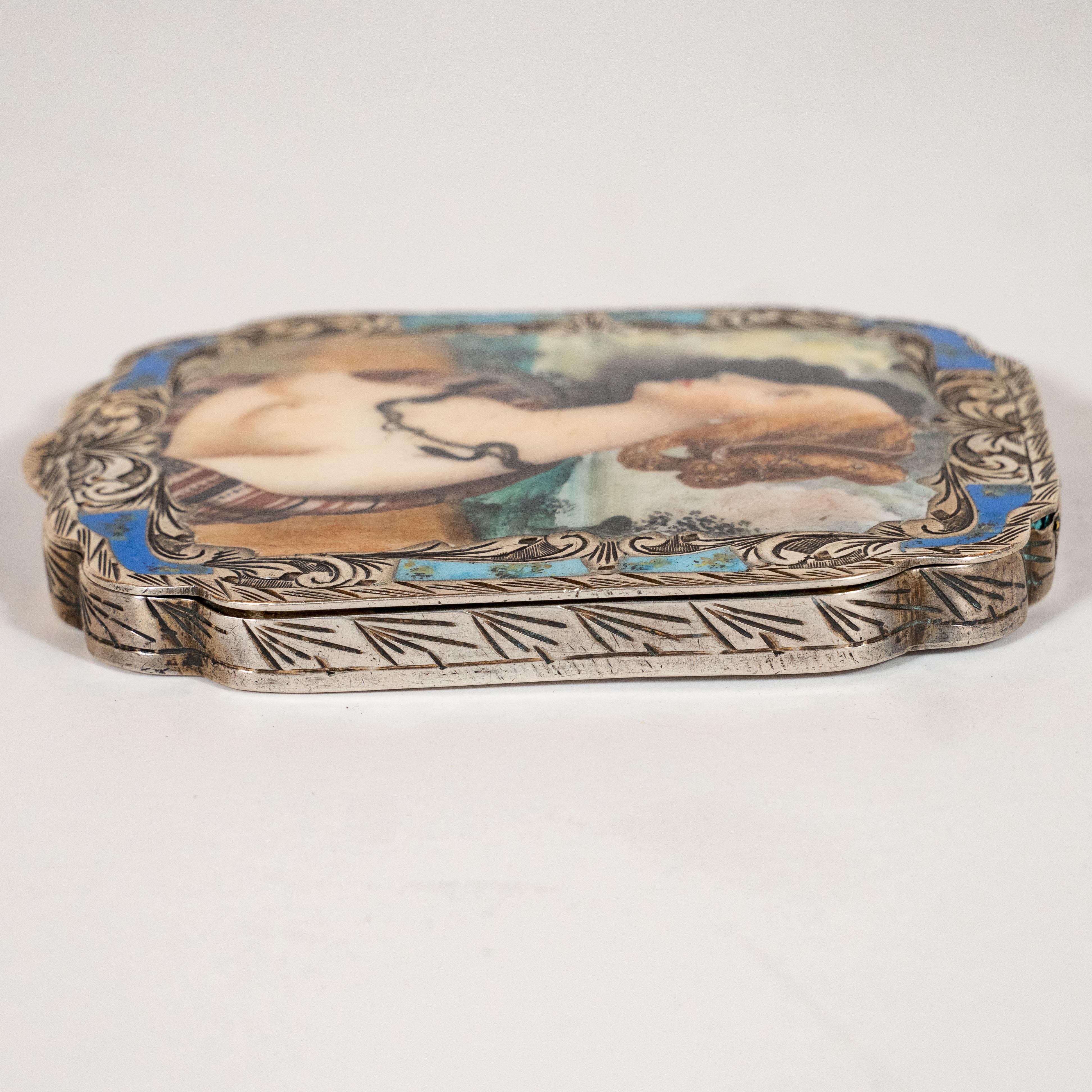 Edwardian Engraved Silver and Hand Painted Enamel Compact Portrait Mirror 2