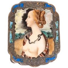 Edwardian Engraved Silver and Hand Painted Enamel Compact Portrait Mirror