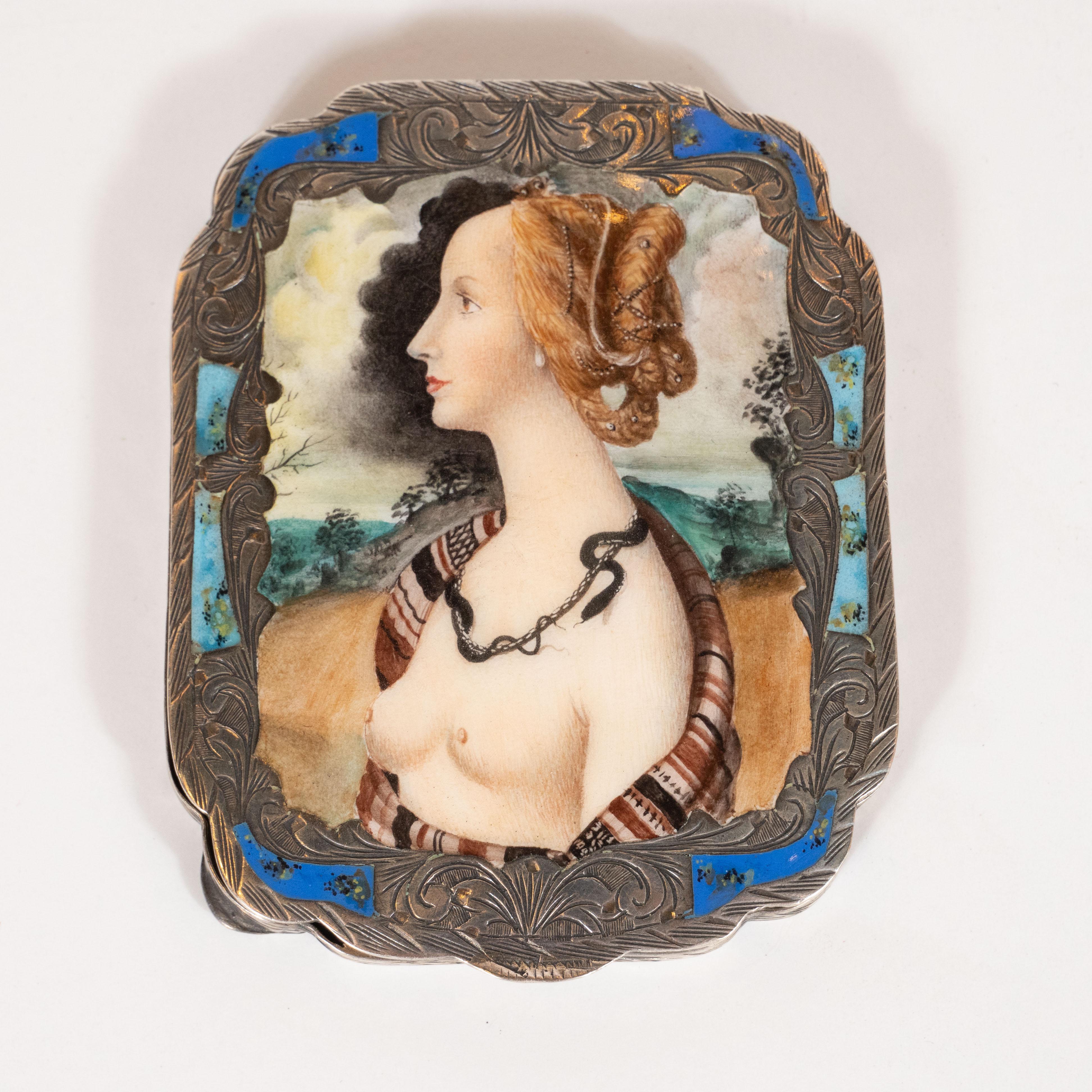 This elegant compact mirror was realized, by hand, in Florence, Italy, circa 1900. It features in octagonal body with an open compartment at bottom- perfect as a tin for storing makeup, mints or any number of items- and a plain mirror inset into the