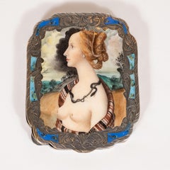 Edwardian Engraved Silver and Hand Painted Enamel Compact Portrait Mirror