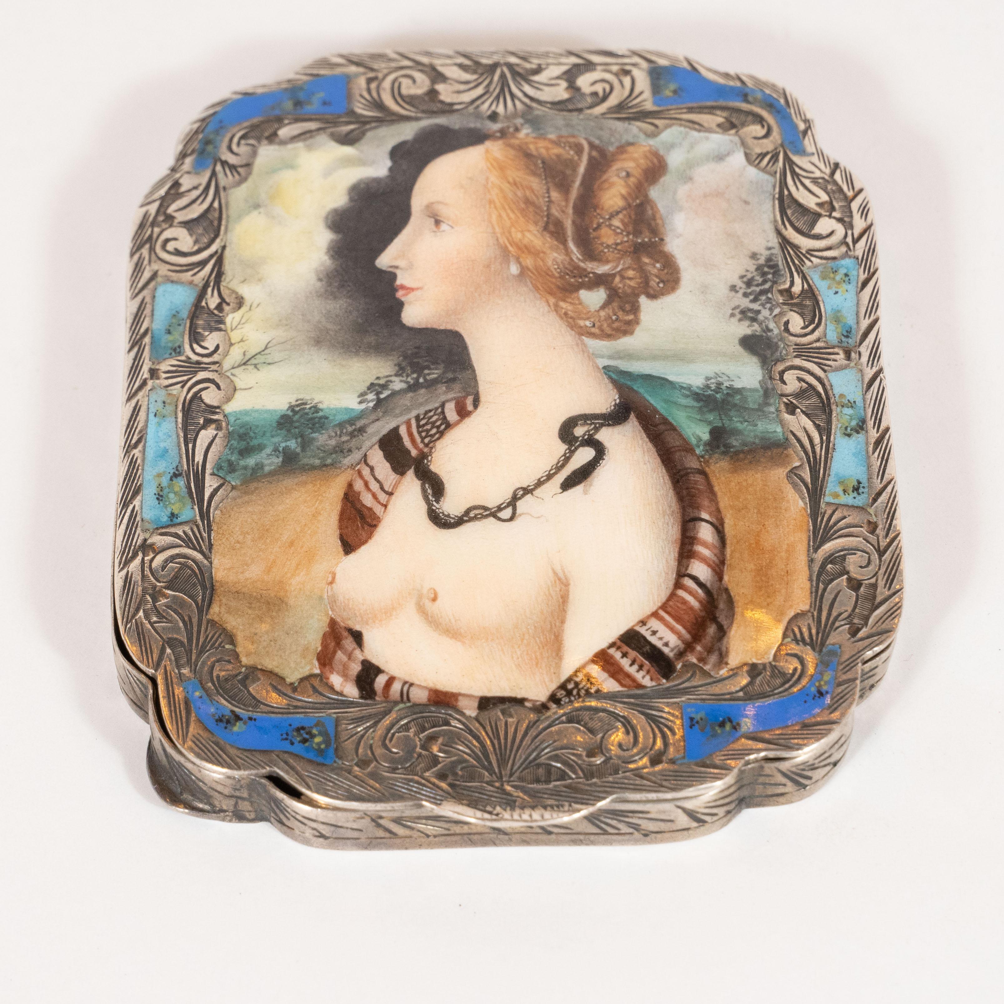 Italian Edwardian Engraved Silver and Hand Painted Enamel Compact Portrait Mirror