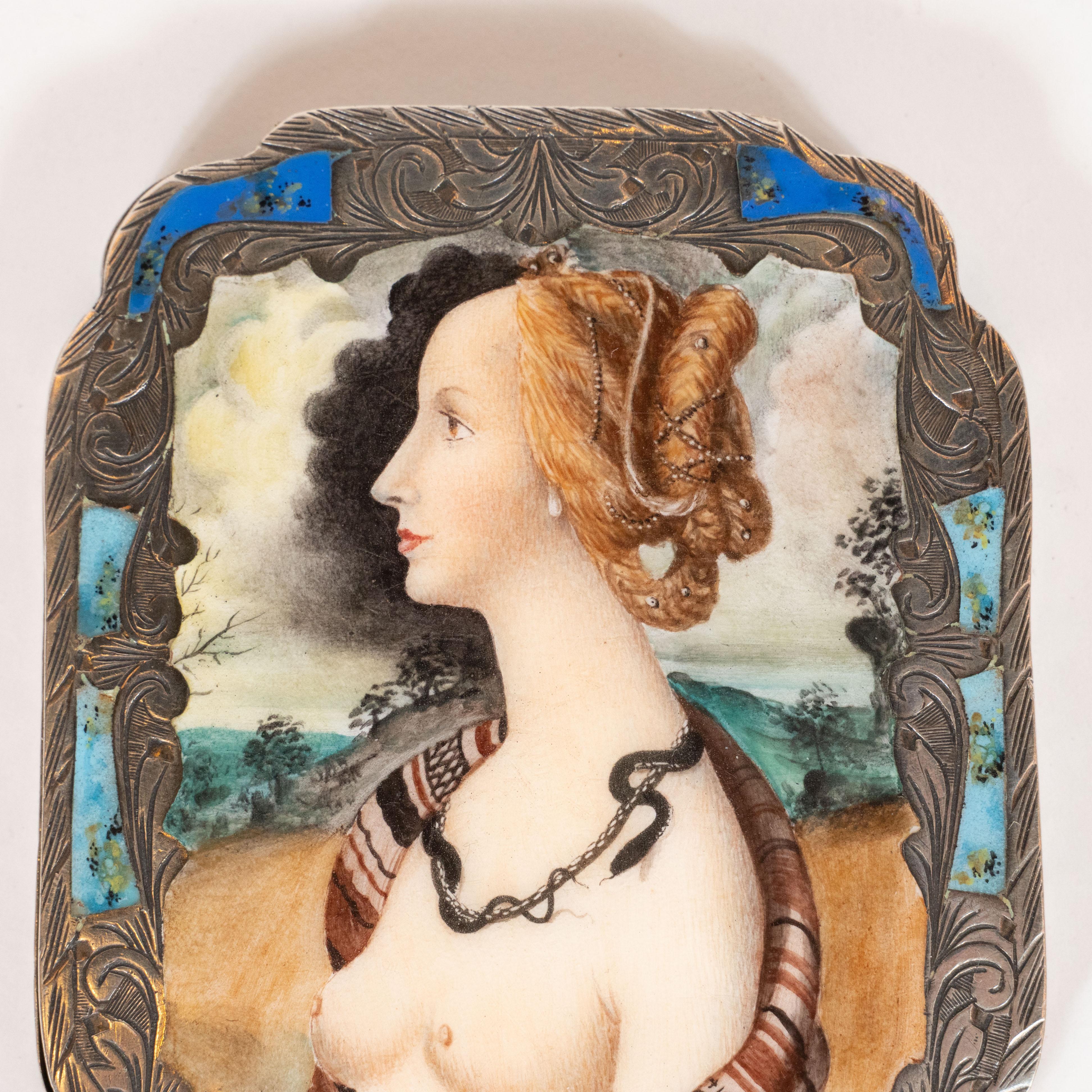 Edwardian Engraved Silver and Hand Painted Enamel Compact Portrait Mirror In Excellent Condition In New York, NY
