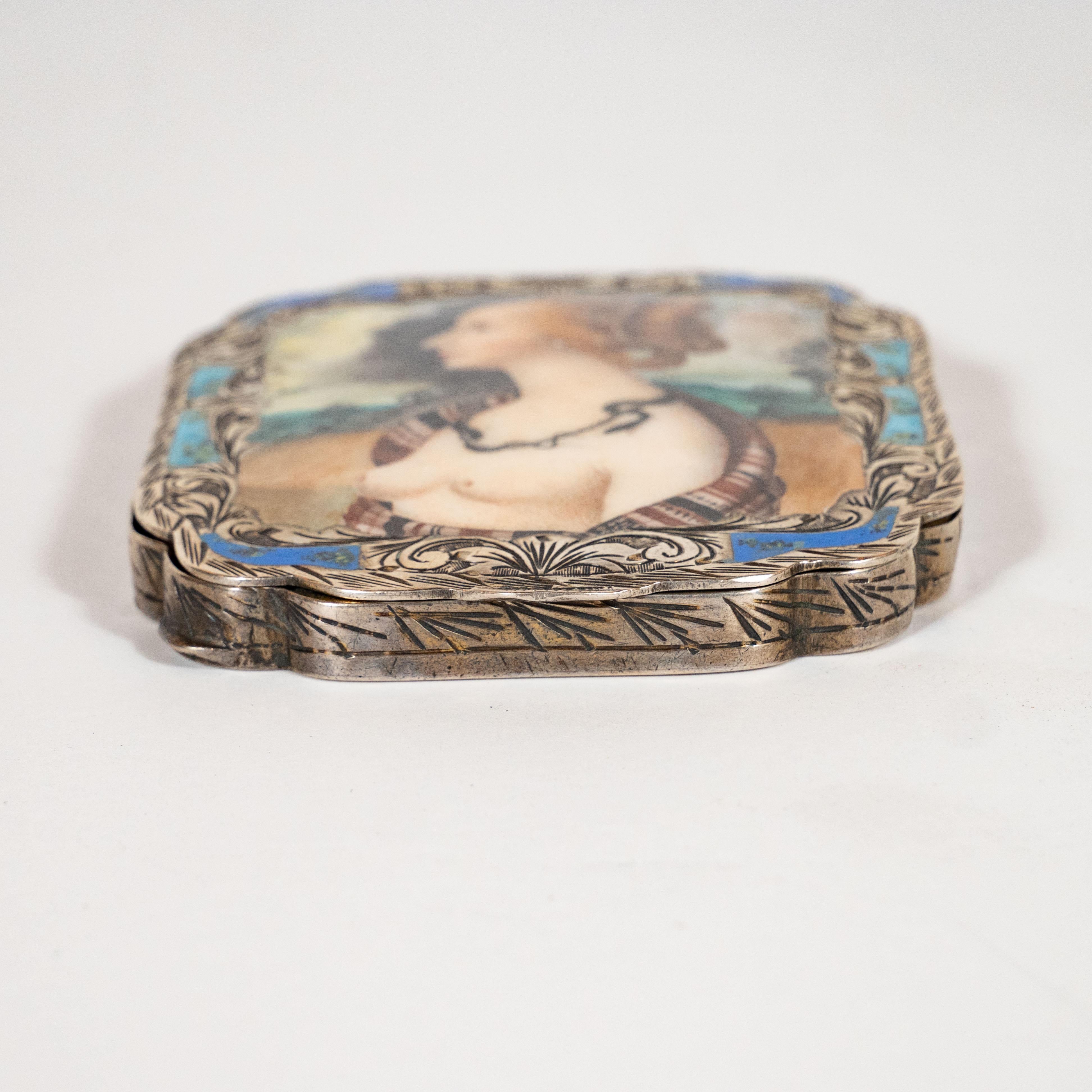 Edwardian Engraved Silver and Hand Painted Enamel Compact Portrait Mirror 1