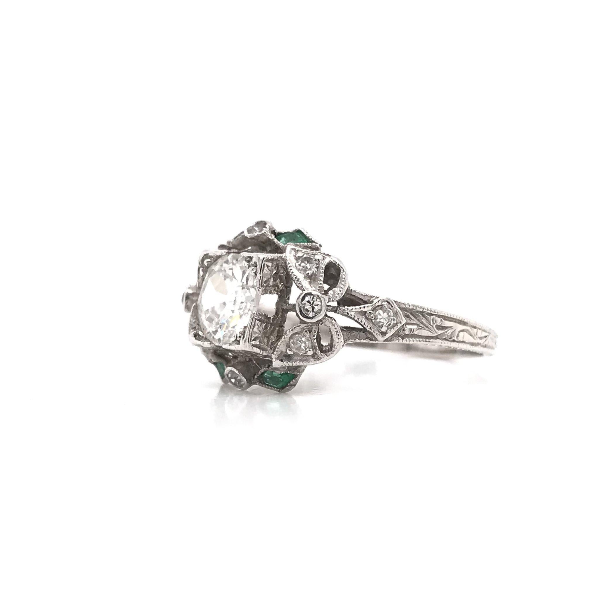 Art Deco Edwardian Era 0.90 Carat Platinum Diamond & Emerald Ring