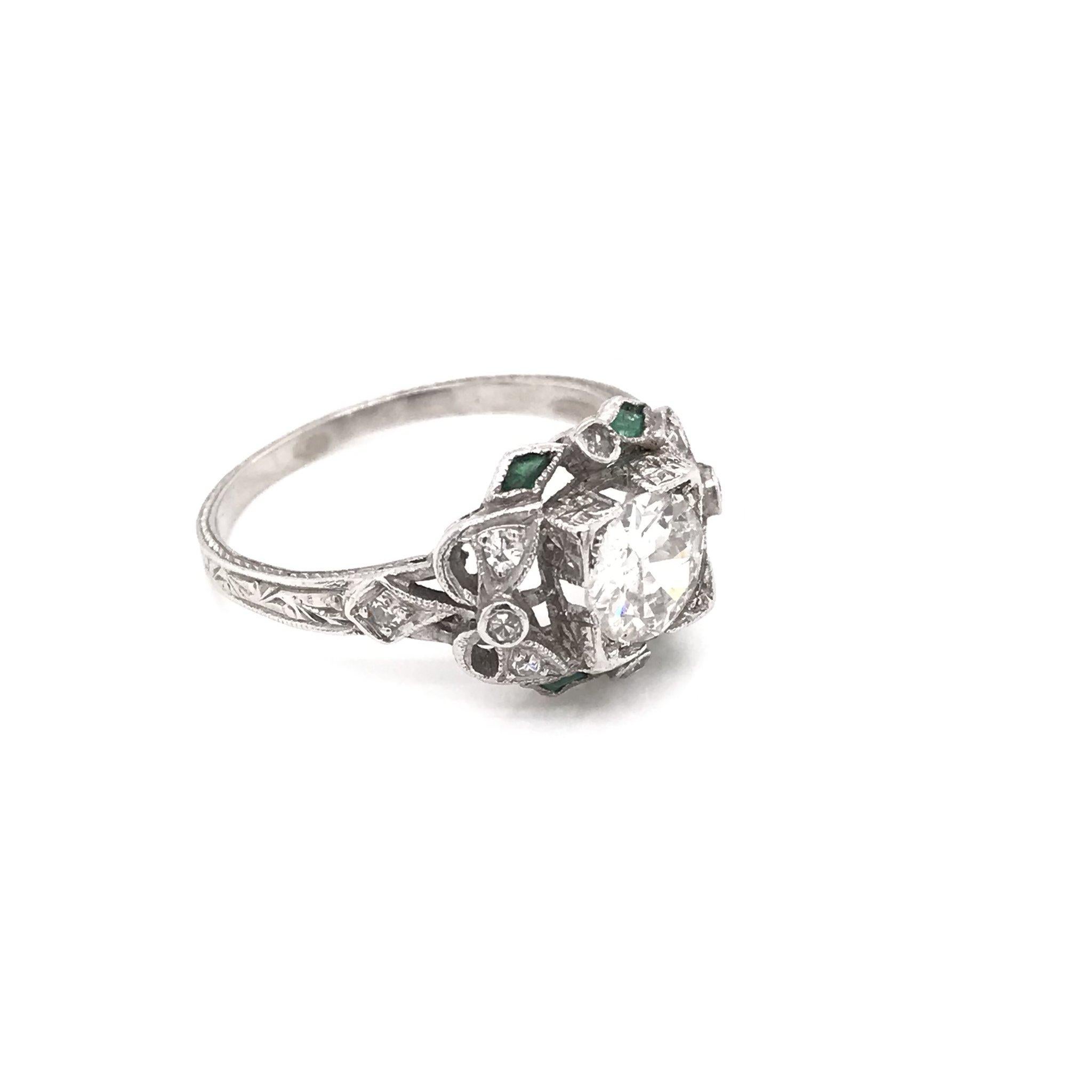 Old European Cut Edwardian Era 0.90 Carat Platinum Diamond & Emerald Ring