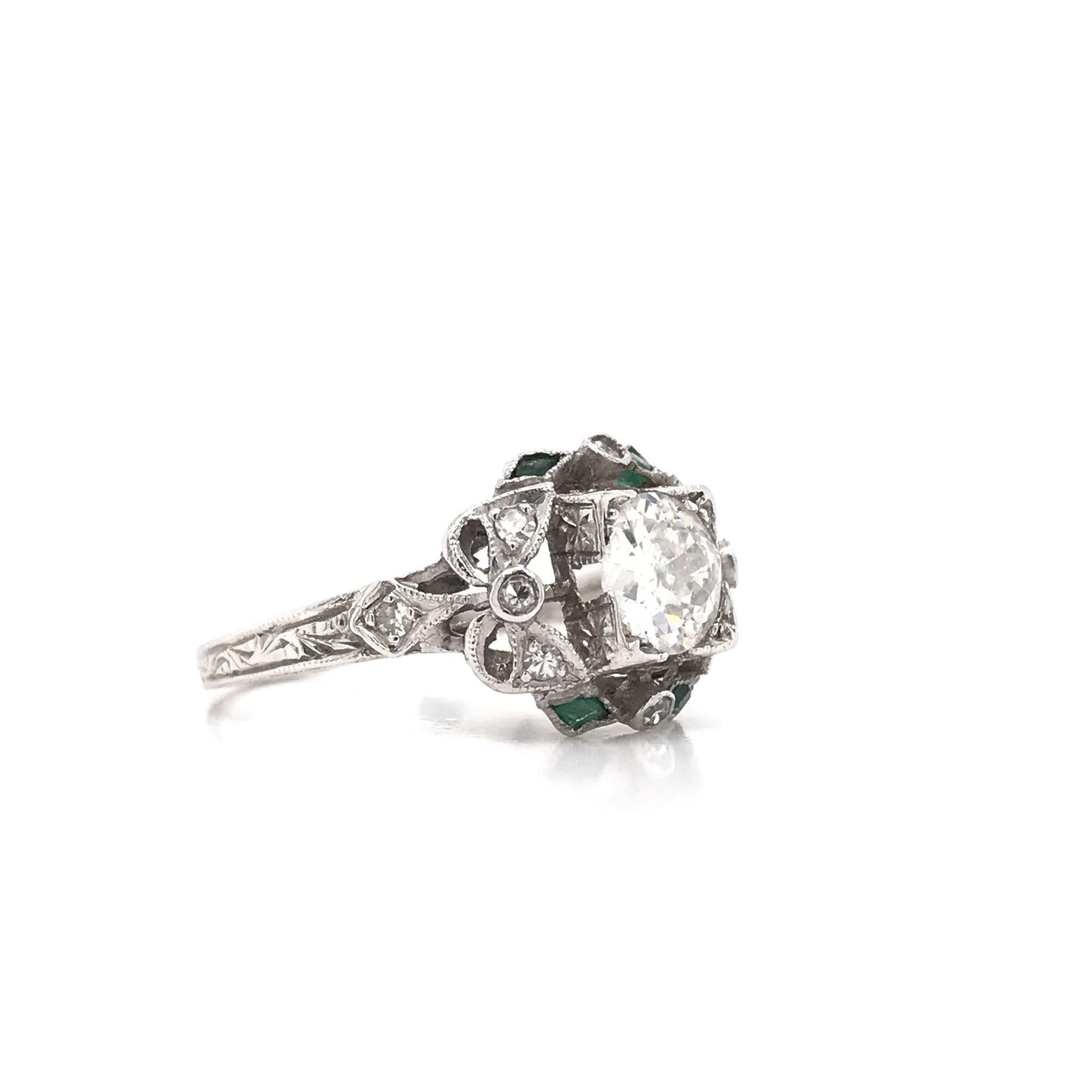 Edwardian Era 0.90 Carat Platinum Diamond & Emerald Ring In Good Condition In Montgomery, AL