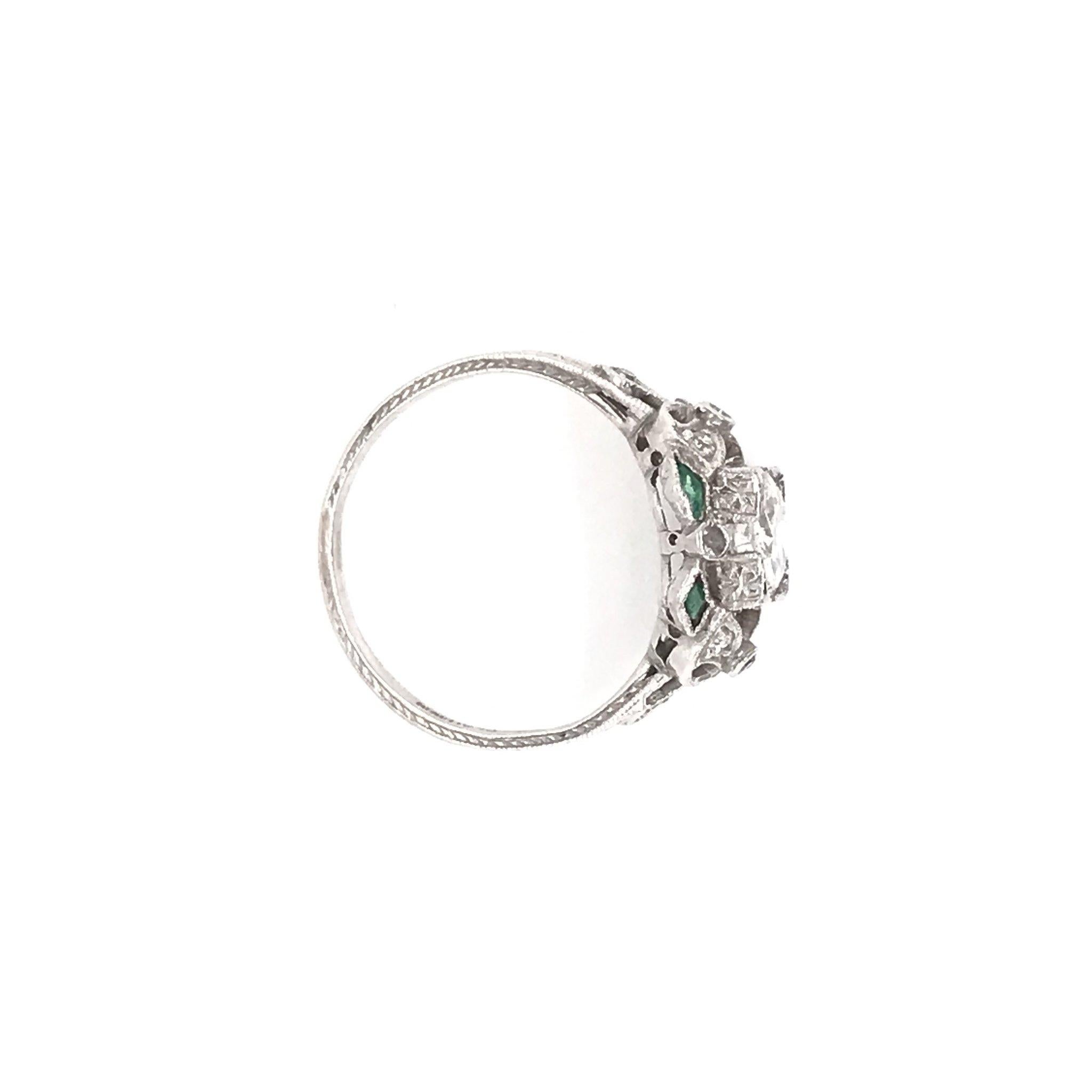Women's Edwardian Era 0.90 Carat Platinum Diamond & Emerald Ring