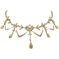 Edwardian Era 14 Karat Gold Fine Pearl and Citrine Drops Necklace