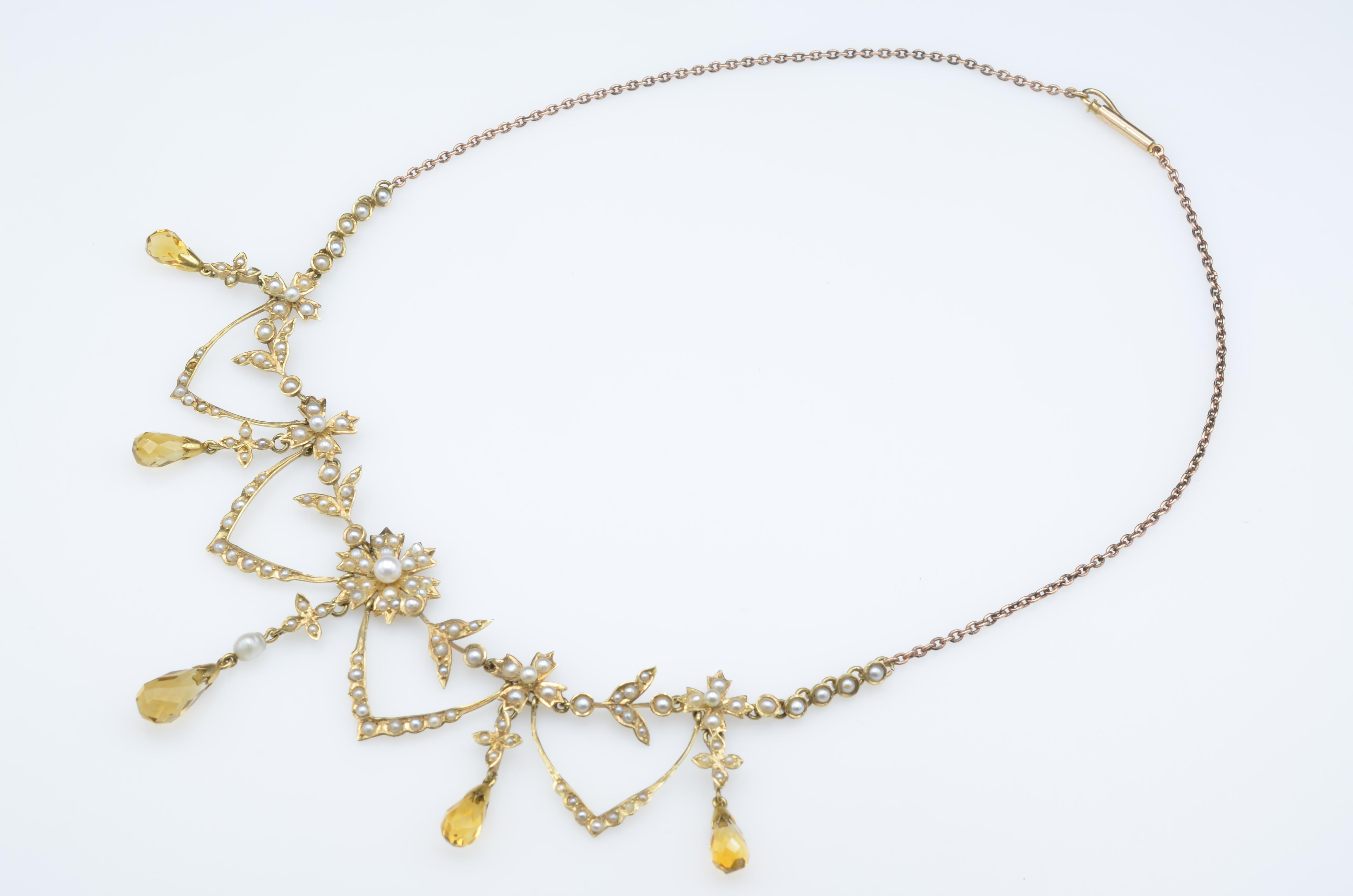 edwardian 14k citrine and pearl necklace for sale
