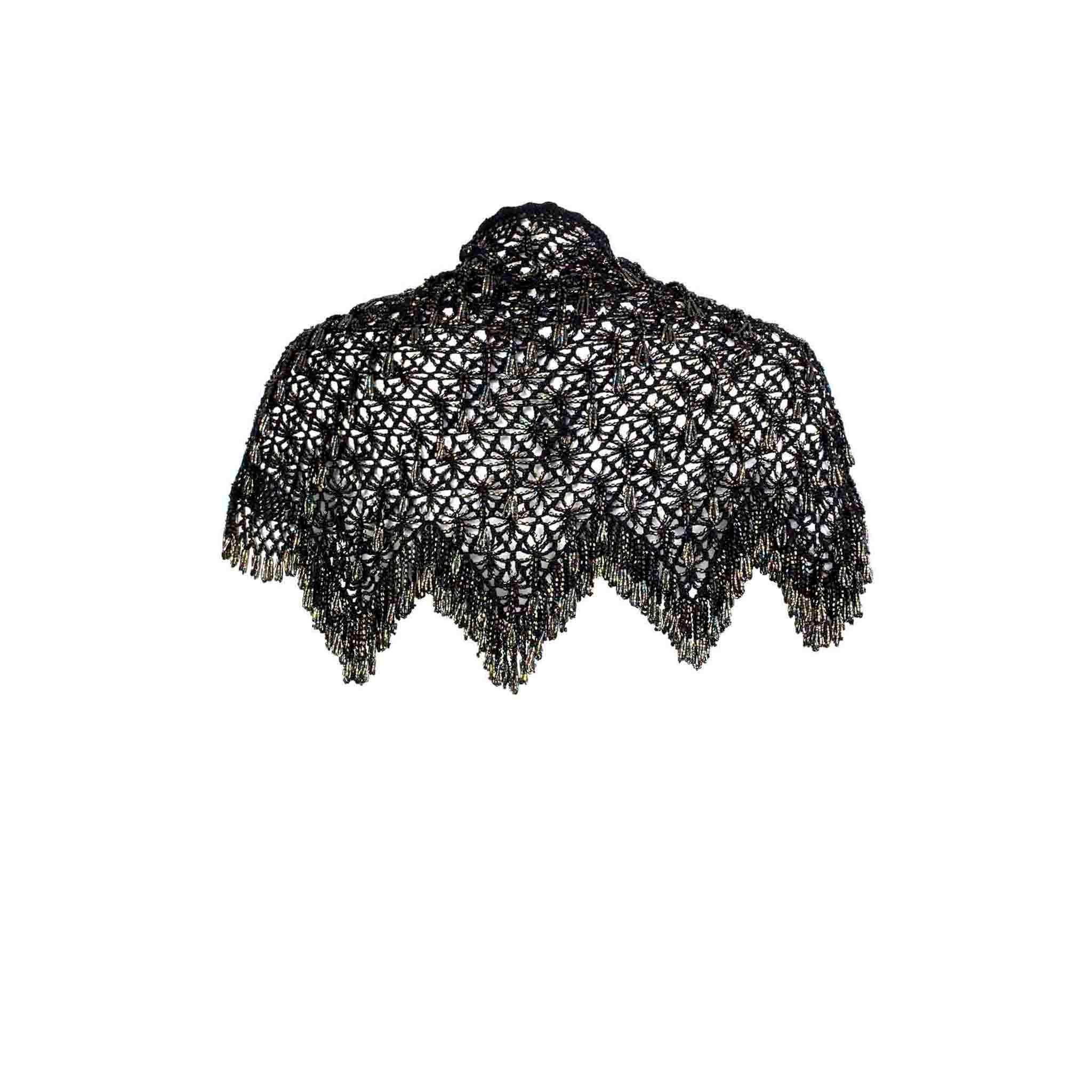 Product details: Edwardian Era - Vintage - Hand Crocheted - Hand Beaded - Tassel Shawl / Scarf
Era: c.1910
Fabric Content: Crocheted Wool - Hand Beading 
Size: Freesize
Max Width: 50.5”
Max Depth: 15”
Condition: Rare Collectors Piece - Great