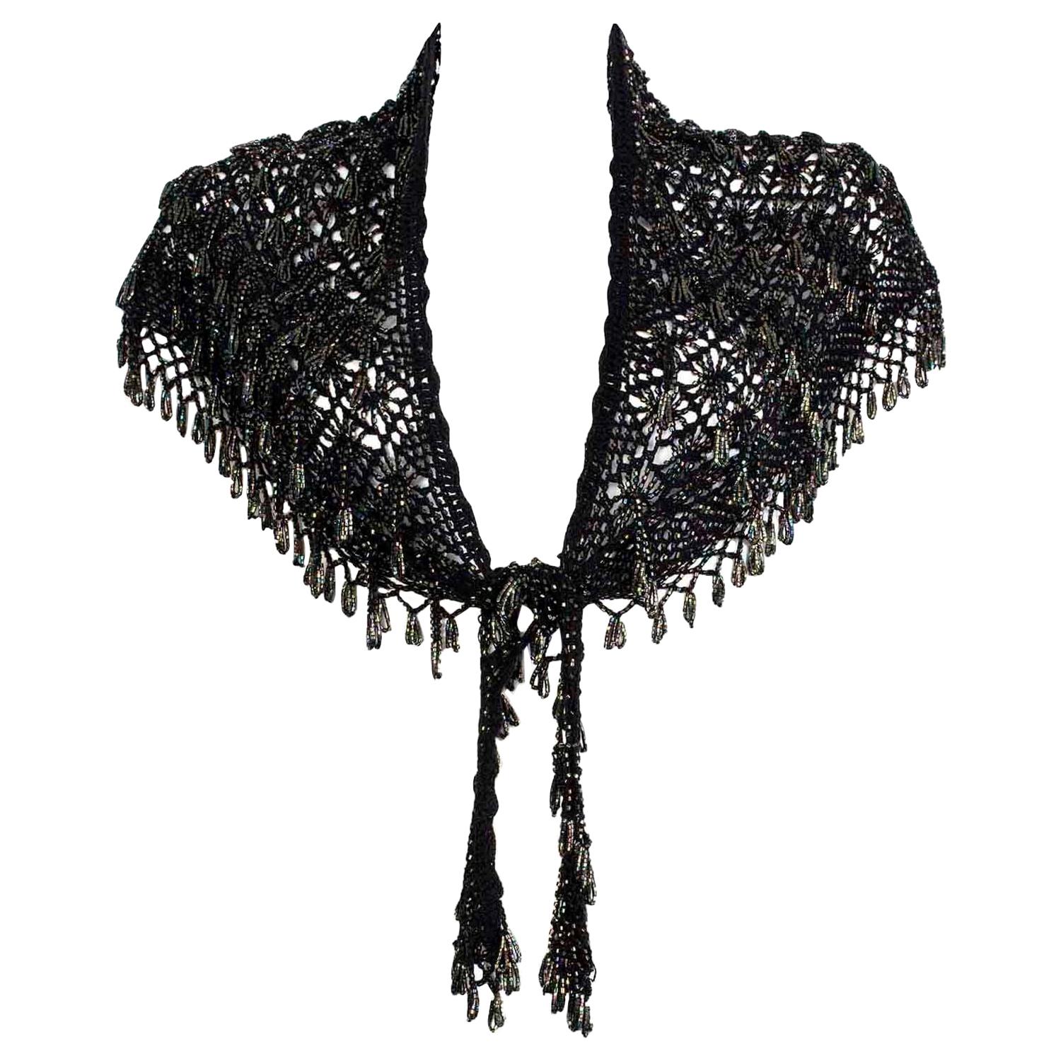 Edwardian Era - Circa 1910 Vintage Hand Crocheted Hand Beaded Tassel Shawl  Scarf at 1stDibs | vintage beaded shawl, edwardian shawl, black beaded shawl