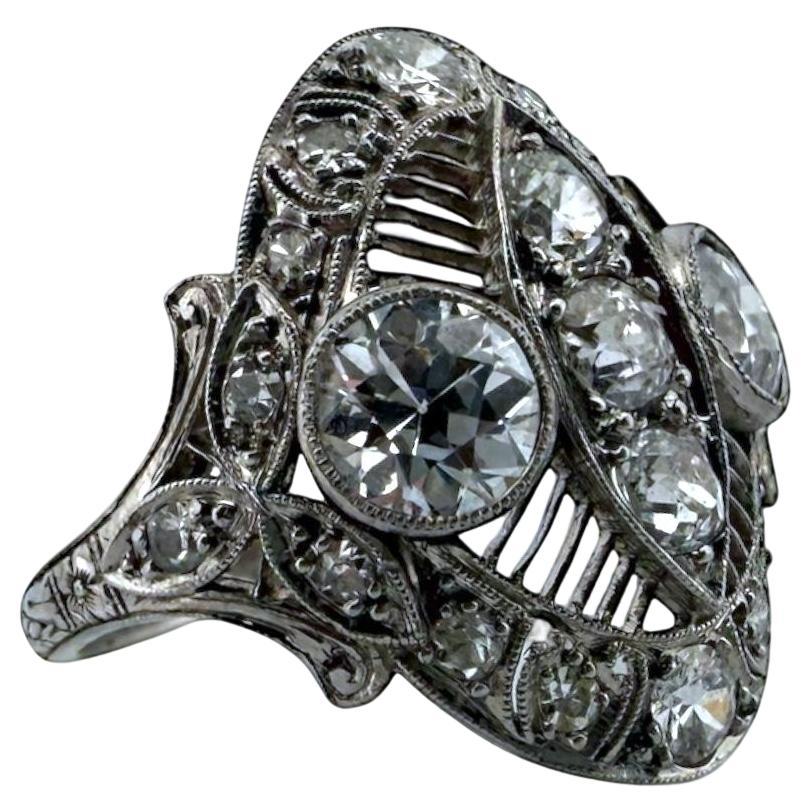 Anello da cocktail in platino con diamante vecchio taglio europeo di epoca edoardiana da 2 CTW