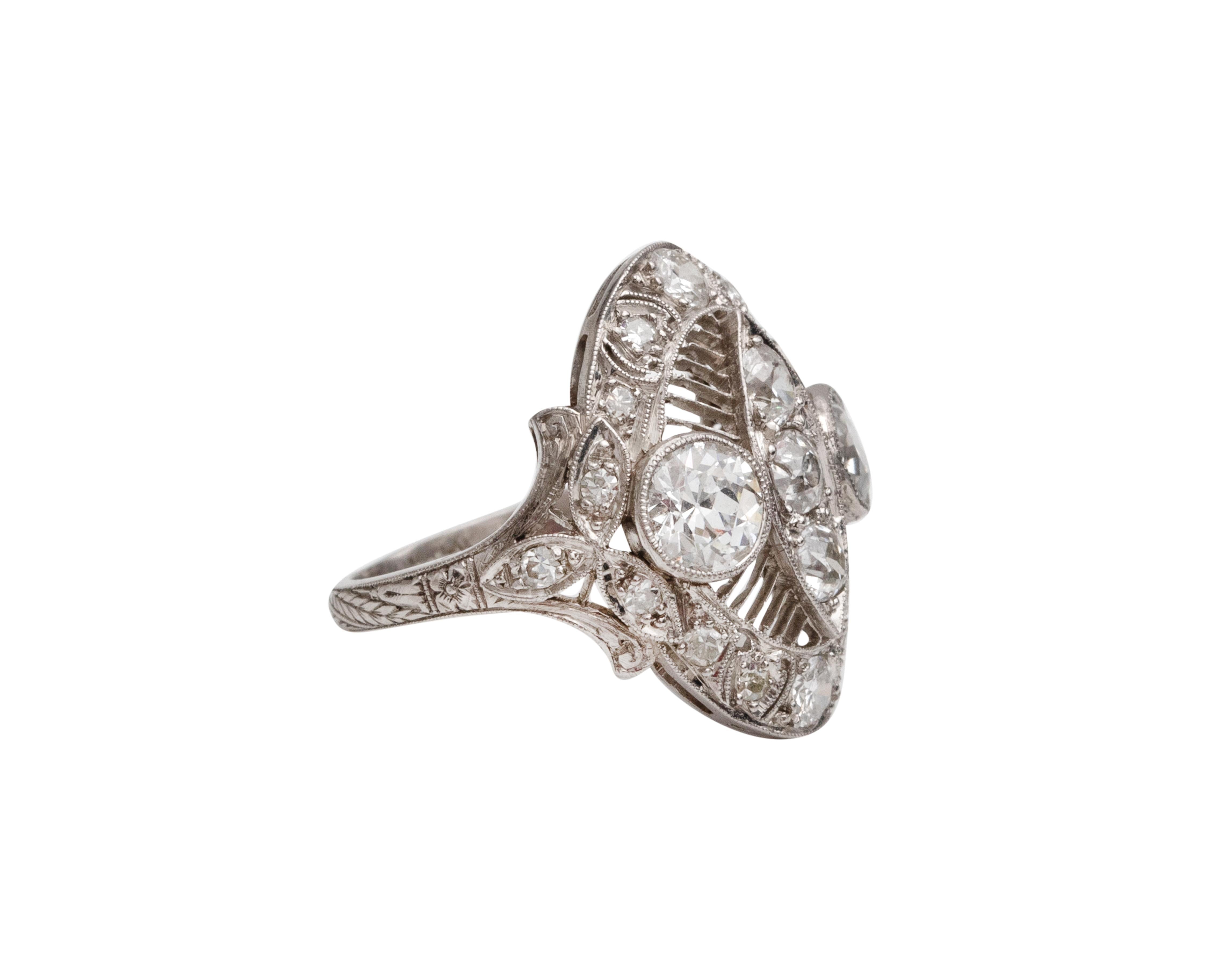 Old European Cut Edwardian Era Platinum 2.01 Carat Diamond Filigree Ring Foliate Engraving