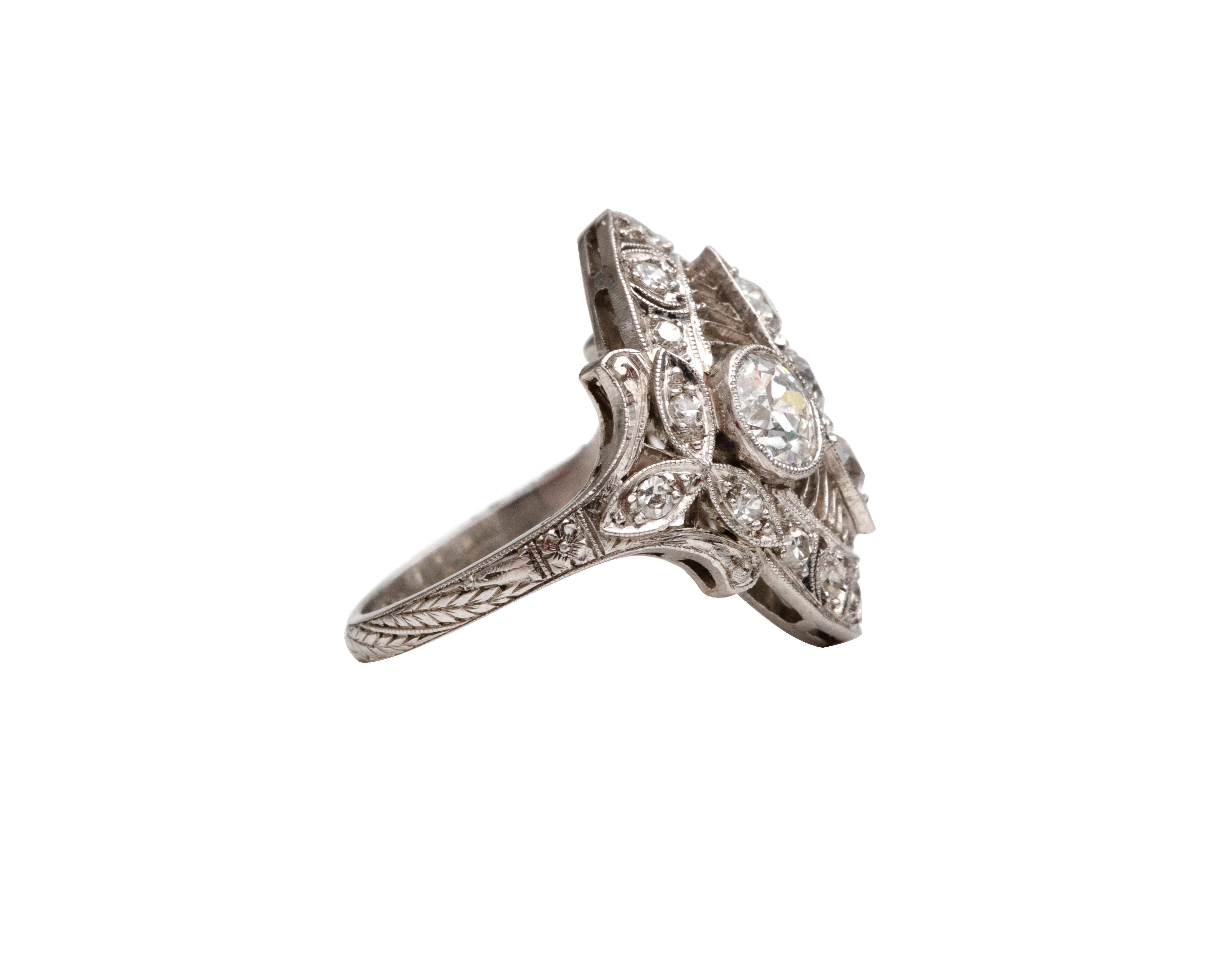 Women's or Men's Edwardian Era Platinum 2.01 Carat Diamond Filigree Ring Foliate Engraving