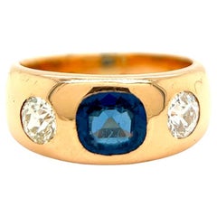 Antique Austro-Hungarian Sapphire Diamond 14K Rose Gold Three Stone Ring