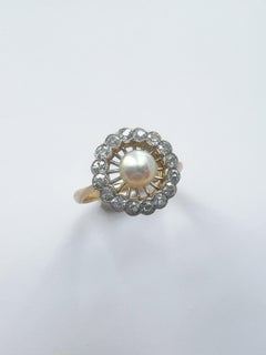 Edwardian Era 'Belle Epoque' 18k Gold Diamond Pearl Lattice Ring