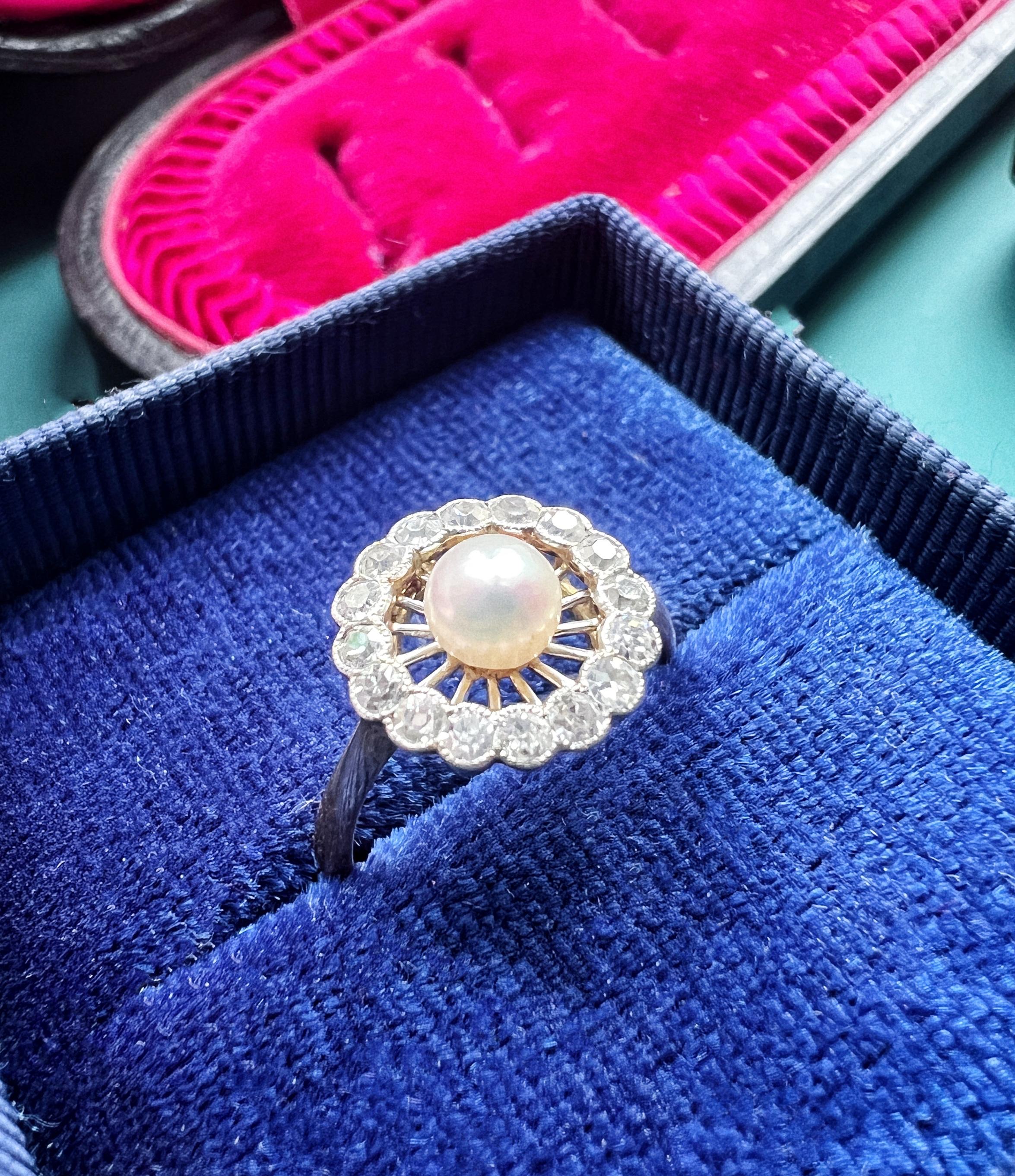 Old European Cut Edwardian Era 'Belle Epoque' 18k Gold Diamond Pearl Lattice Ring For Sale