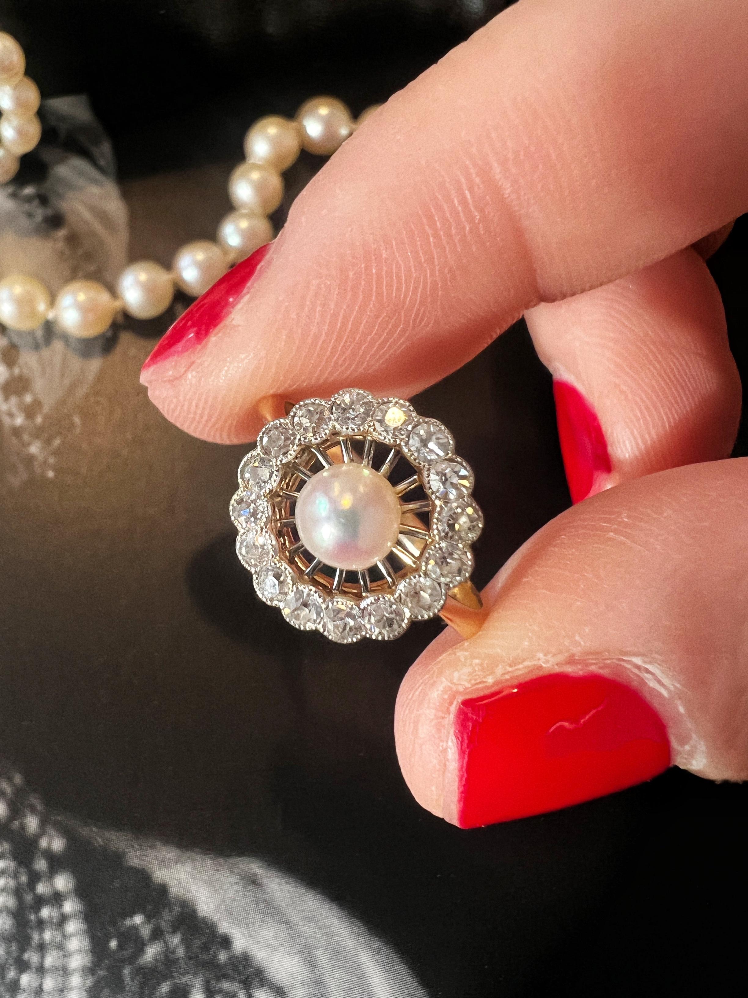 Women's Edwardian Era 'Belle Epoque' 18k Gold Diamond Pearl Lattice Ring For Sale