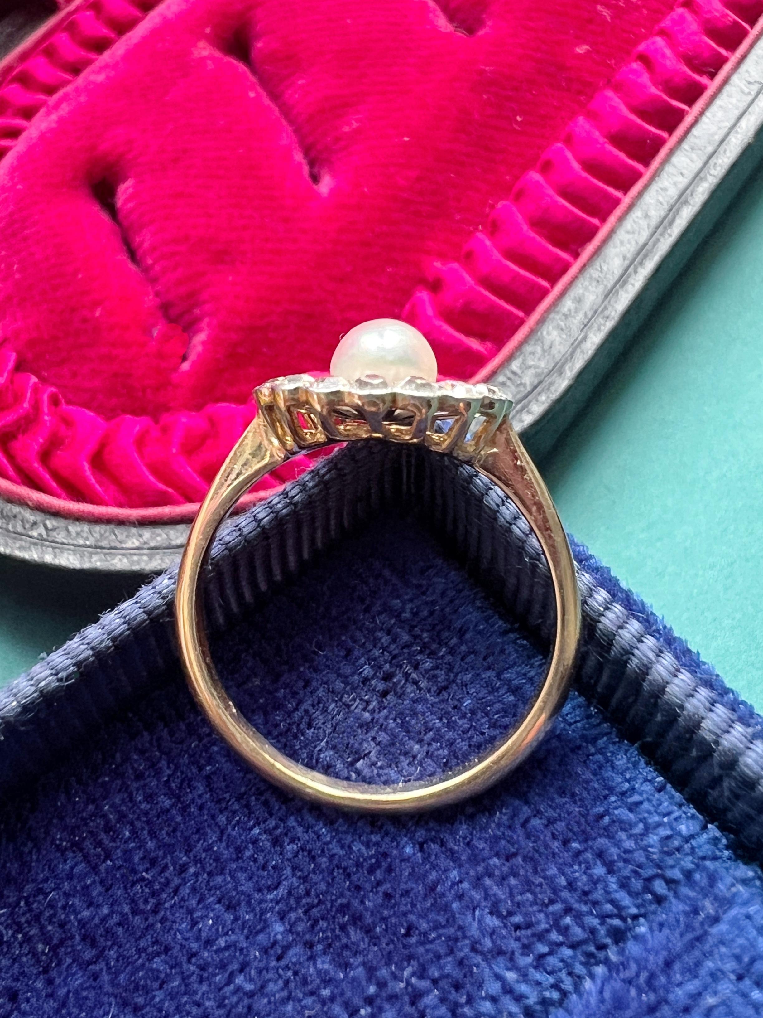 Edwardian Era 'Belle Epoque' 18k Gold Diamond Pearl Lattice Ring For Sale 1