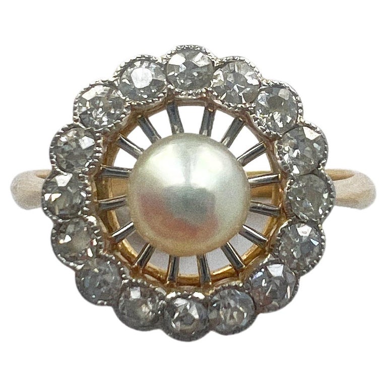 Bague Ancienne Or 18k - Perle D'eau Douce Et Diamants, Motif Floral, Taille 55
