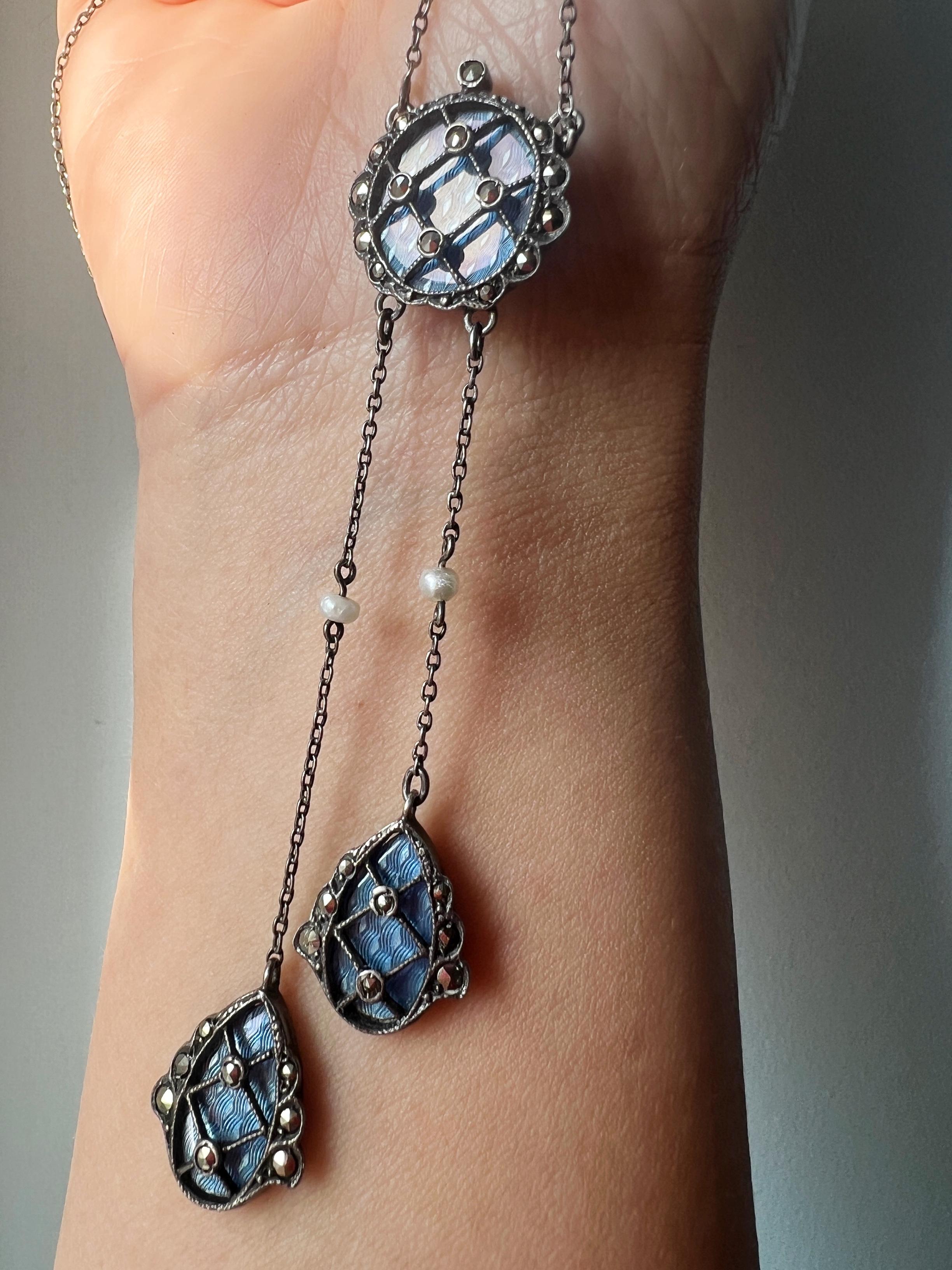 Women's Edwardian Era Belle Epoque Blue Guilloche Enamel Pearl Silver Negligee Necklace