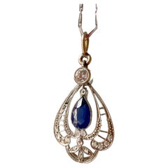 Edwardian Era Belle Époque Platinum 18K Gold Diamond Blue Sapphire Necklace
