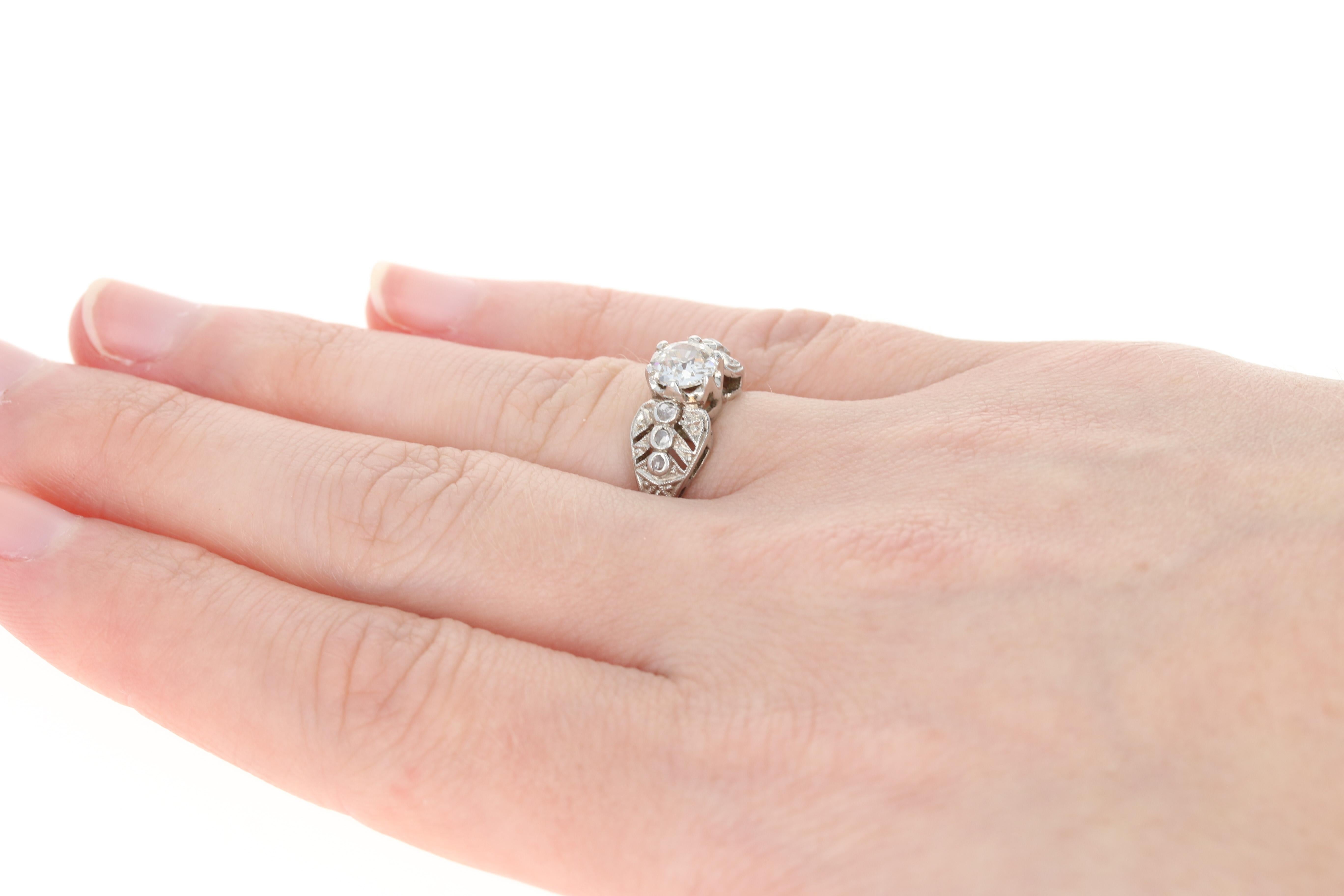 Edwardian Era Diamond Engagement Ring, Platinum Euro Cut 1.01 Carat In Good Condition In Greensboro, NC