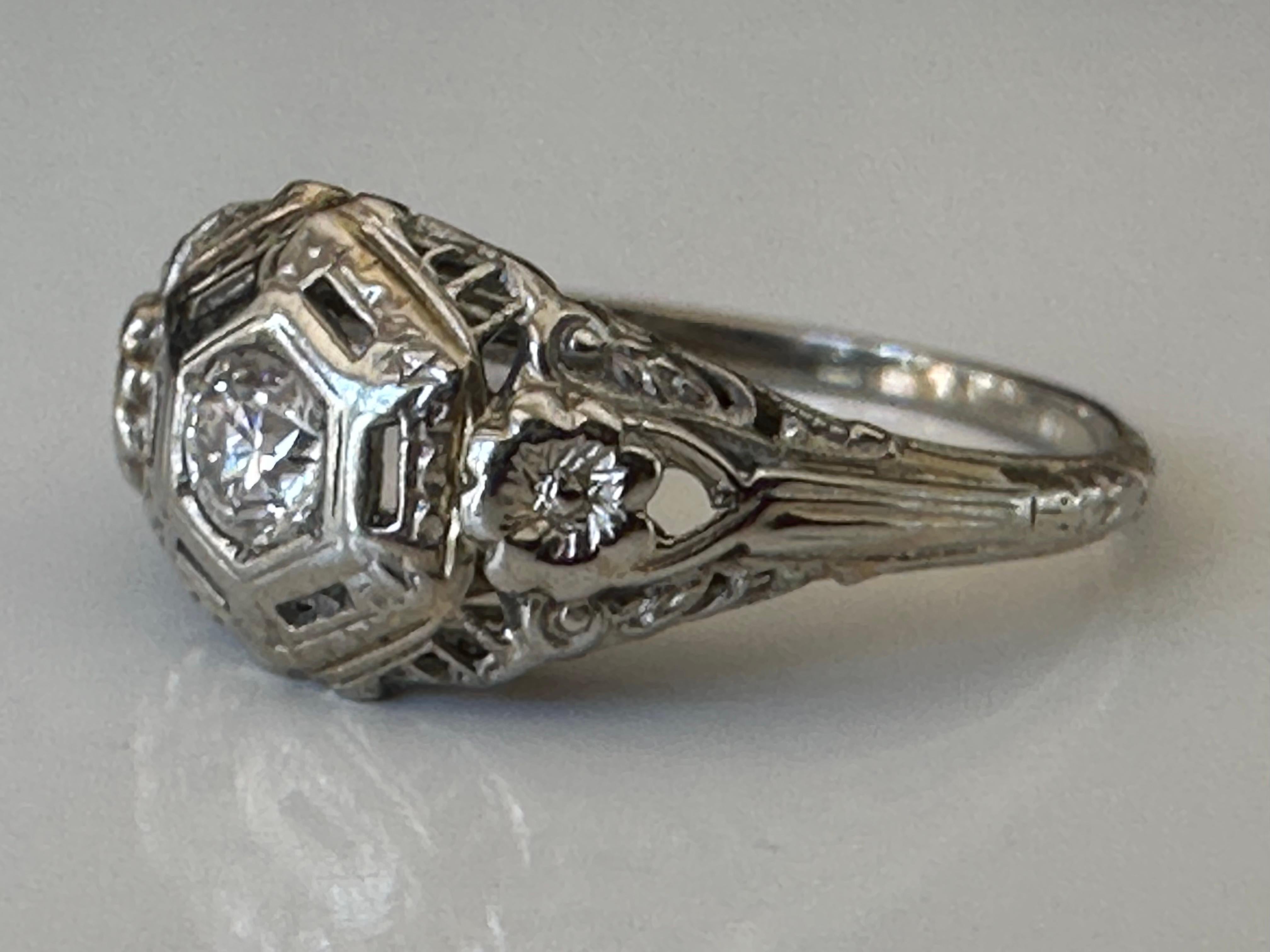 Edwardian Era Diamond Solitaire and Filigree Ring For Sale 2