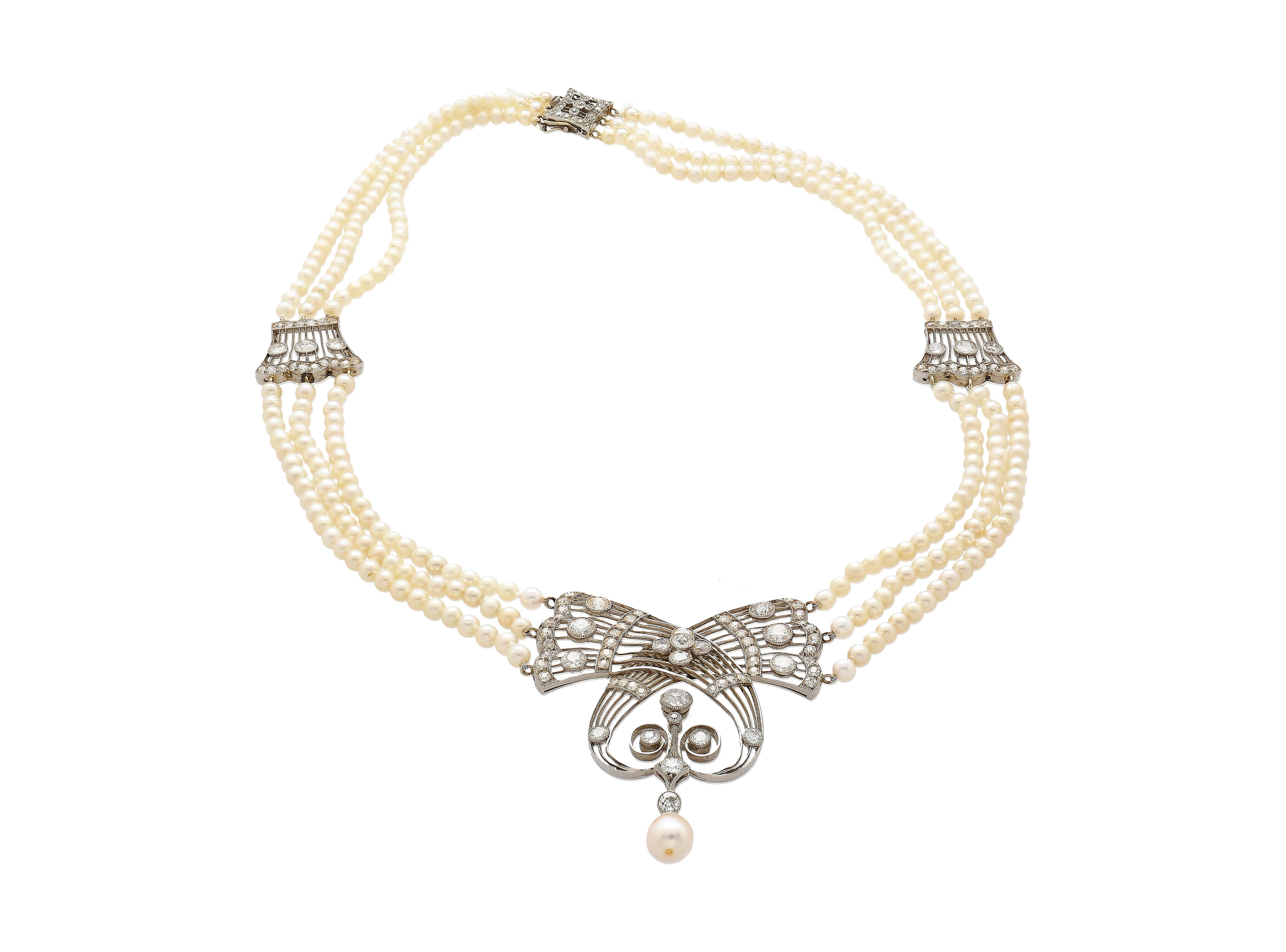 Edwardian Era GIA Certified Natural Saltwater Pearl & Old Euro Diamond Necklace For Sale 2