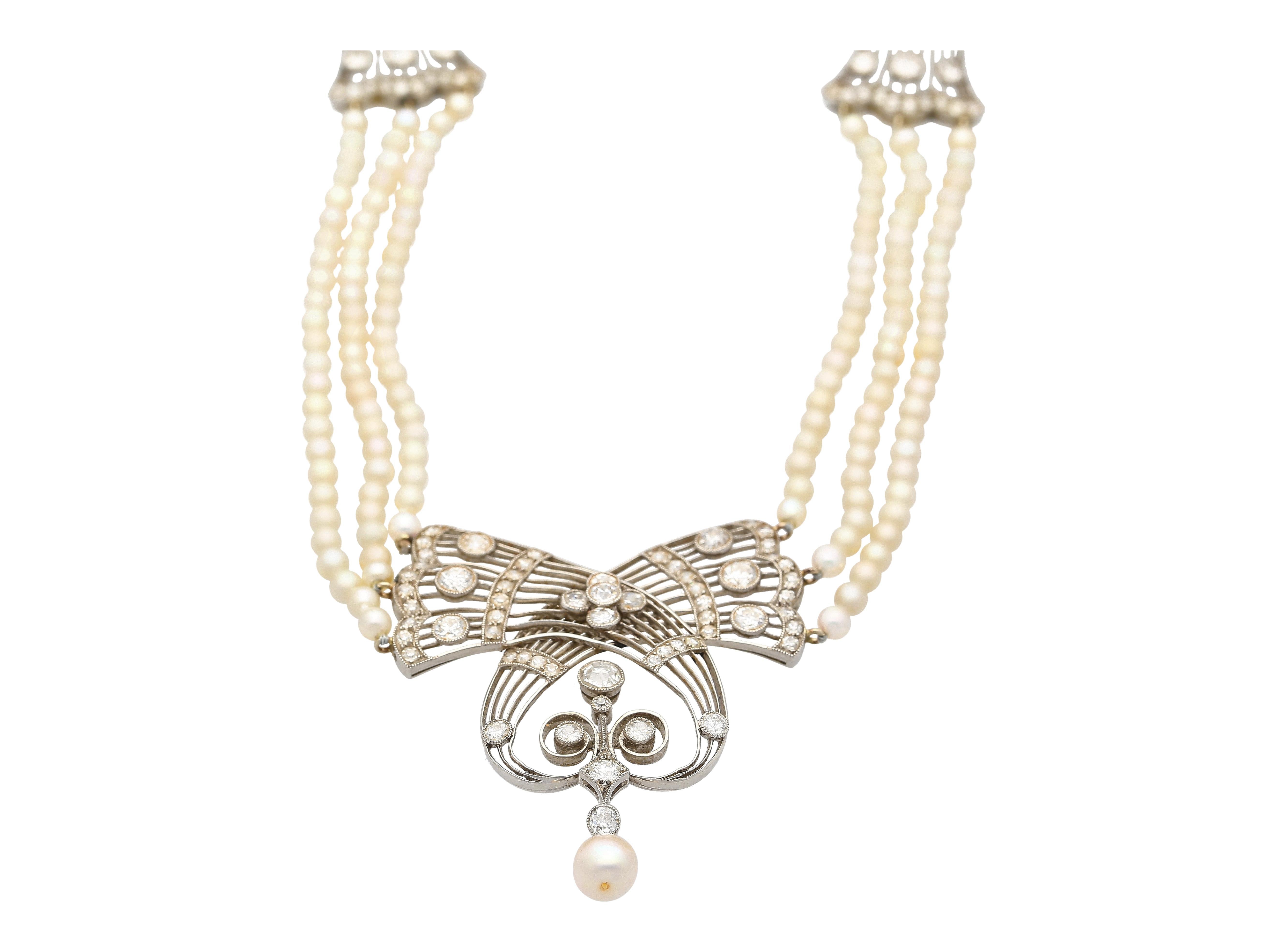 Edwardian Era GIA Certified Natural Saltwater Pearl & Old Euro Diamond Necklace For Sale 3