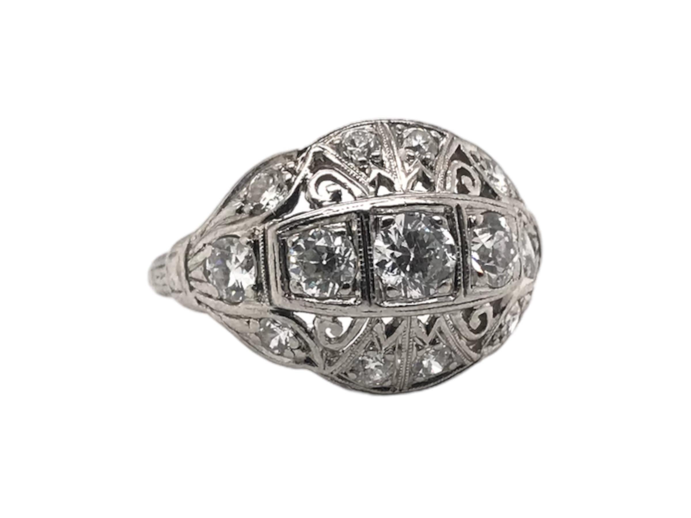 Old European Cut Edwardian Era Platinum 1.0CTW Diamond Cocktail Ring For Sale