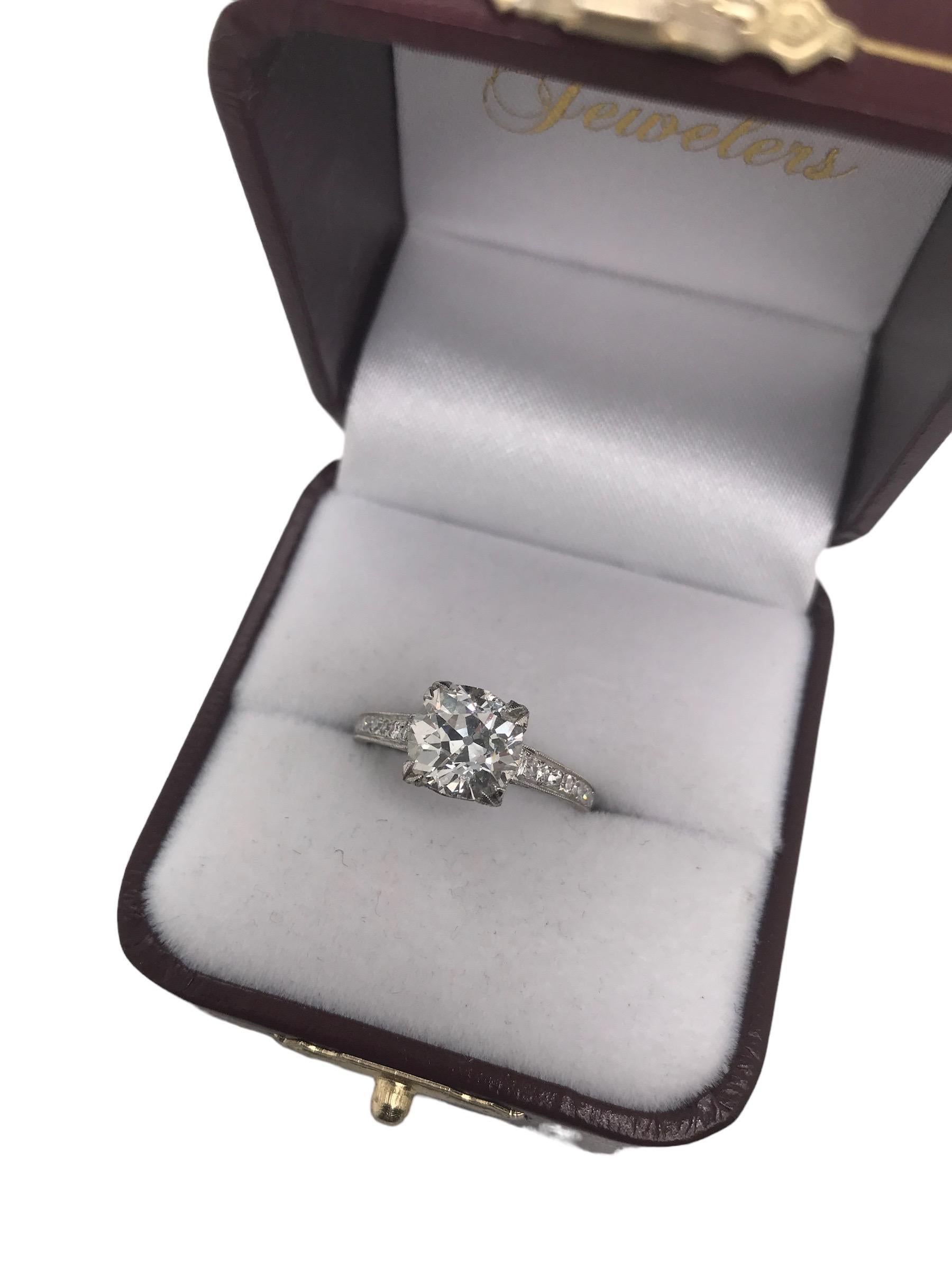 Edwardian Era Platinum 2.21 Carat Old Mine Cut Engagement Ring For Sale 6