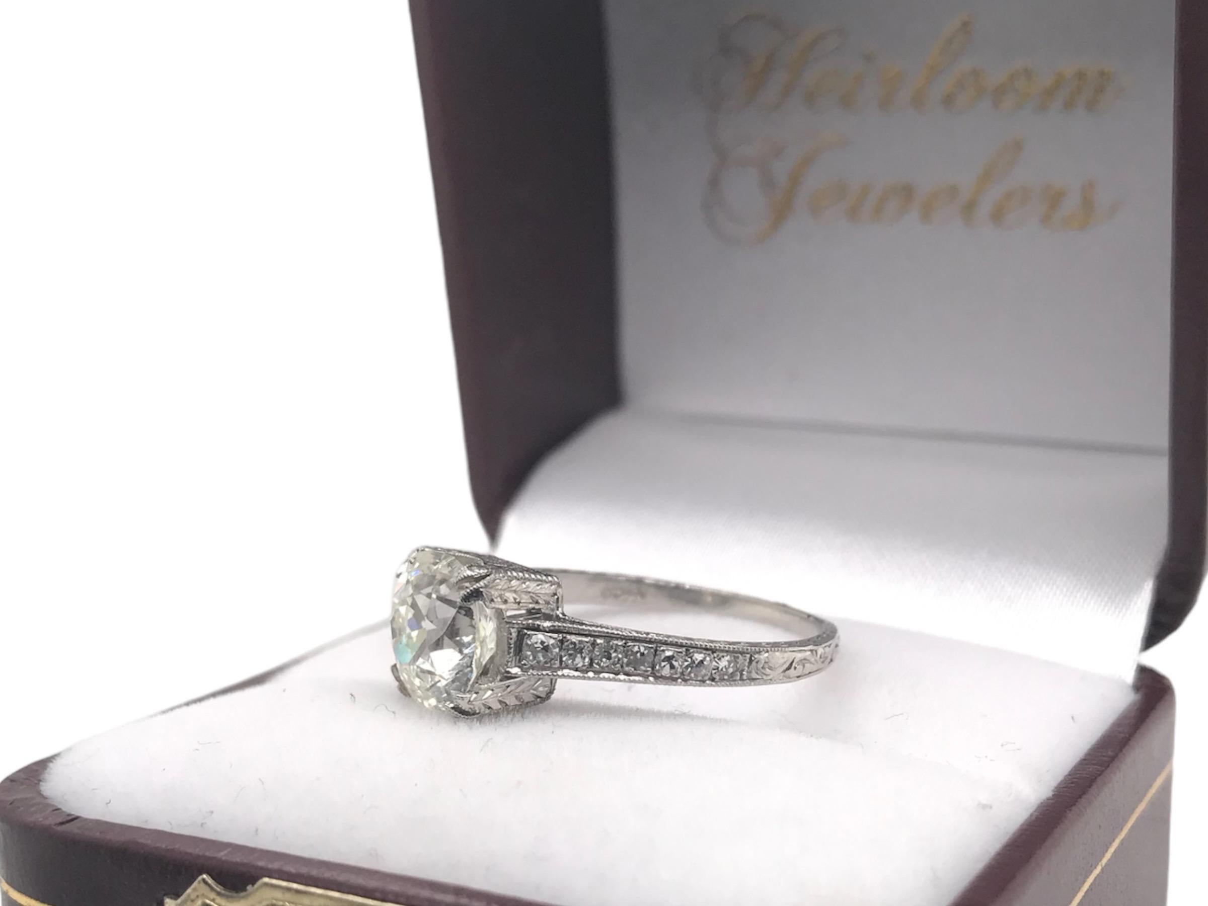 Edwardian Era Platinum 2.21 Carat Old Mine Cut Engagement Ring For Sale 7