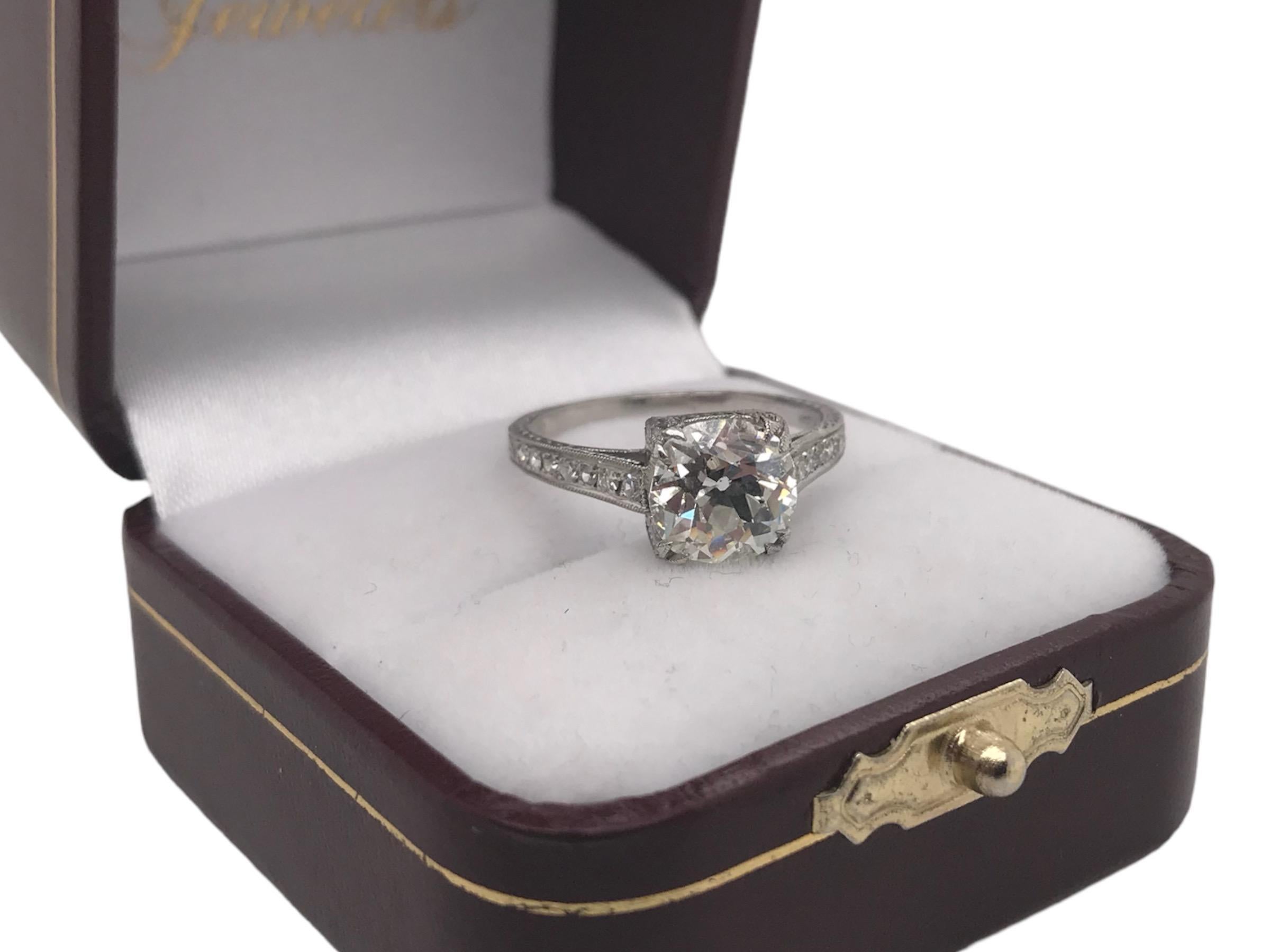 Edwardian Era Platinum 2.21 Carat Old Mine Cut Engagement Ring For Sale 8
