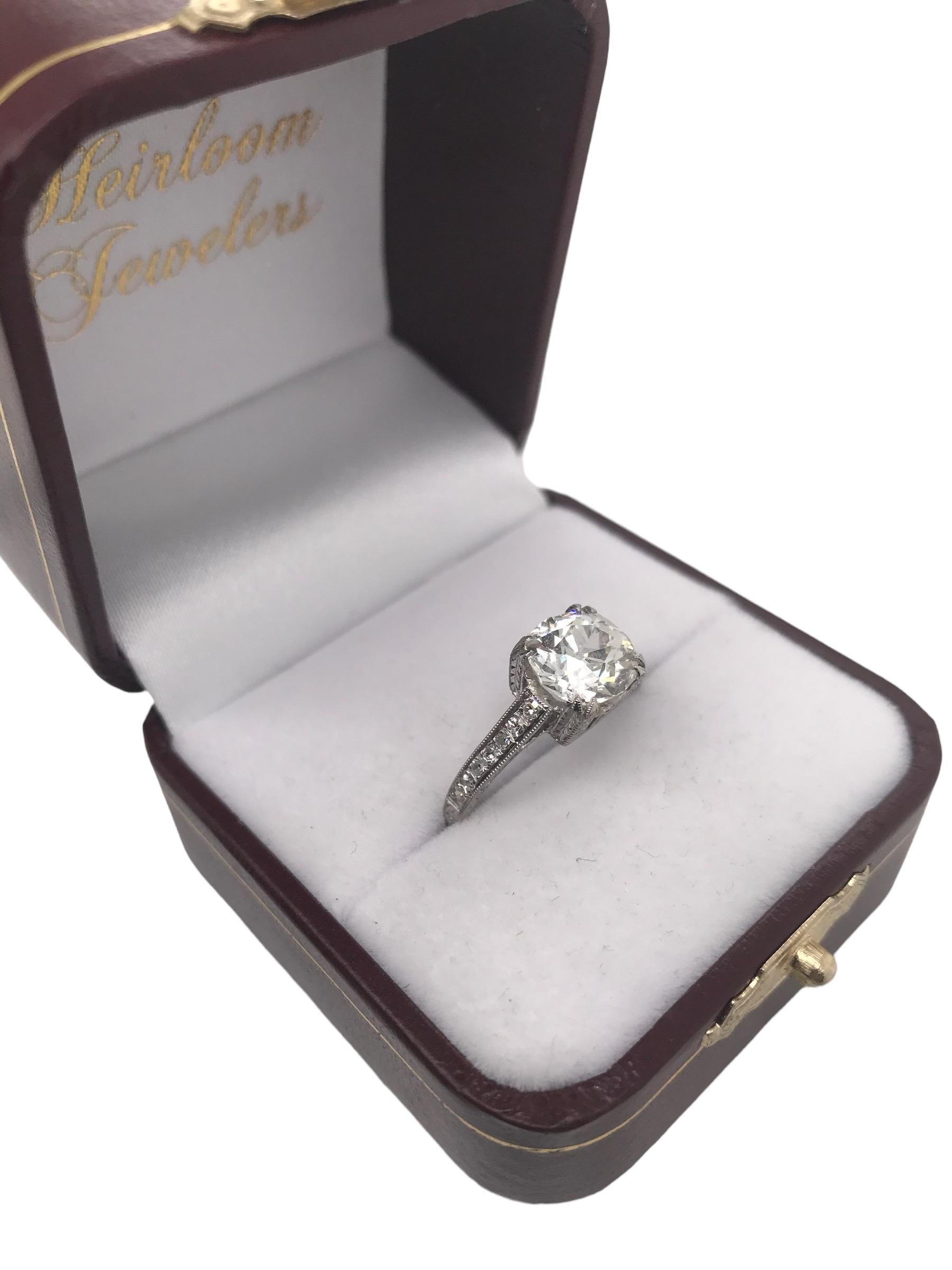 Edwardian Era Platinum 2.21 Carat Old Mine Cut Engagement Ring For Sale 9