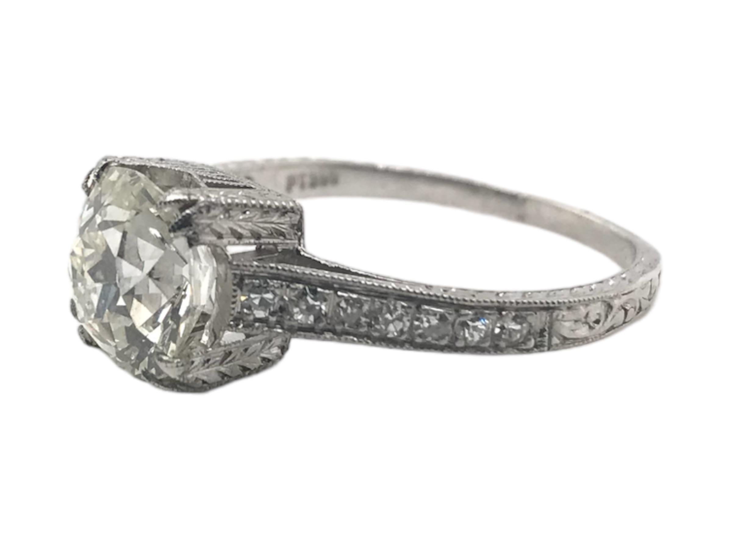 Women's Edwardian Era Platinum 2.21 Carat Old Mine Cut Engagement Ring For Sale