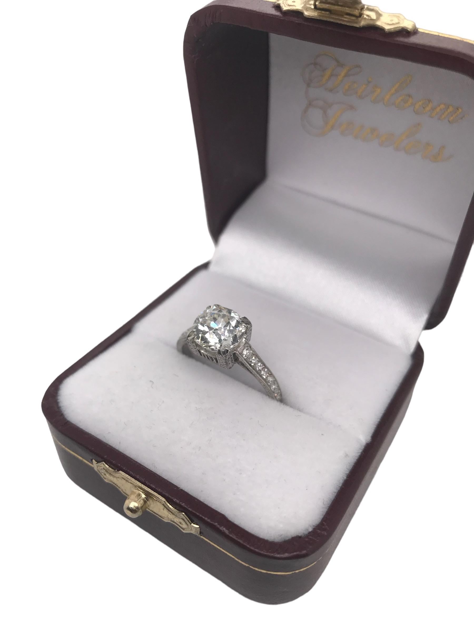 Edwardian Era Platinum 2.21 Carat Old Mine Cut Engagement Ring For Sale 5