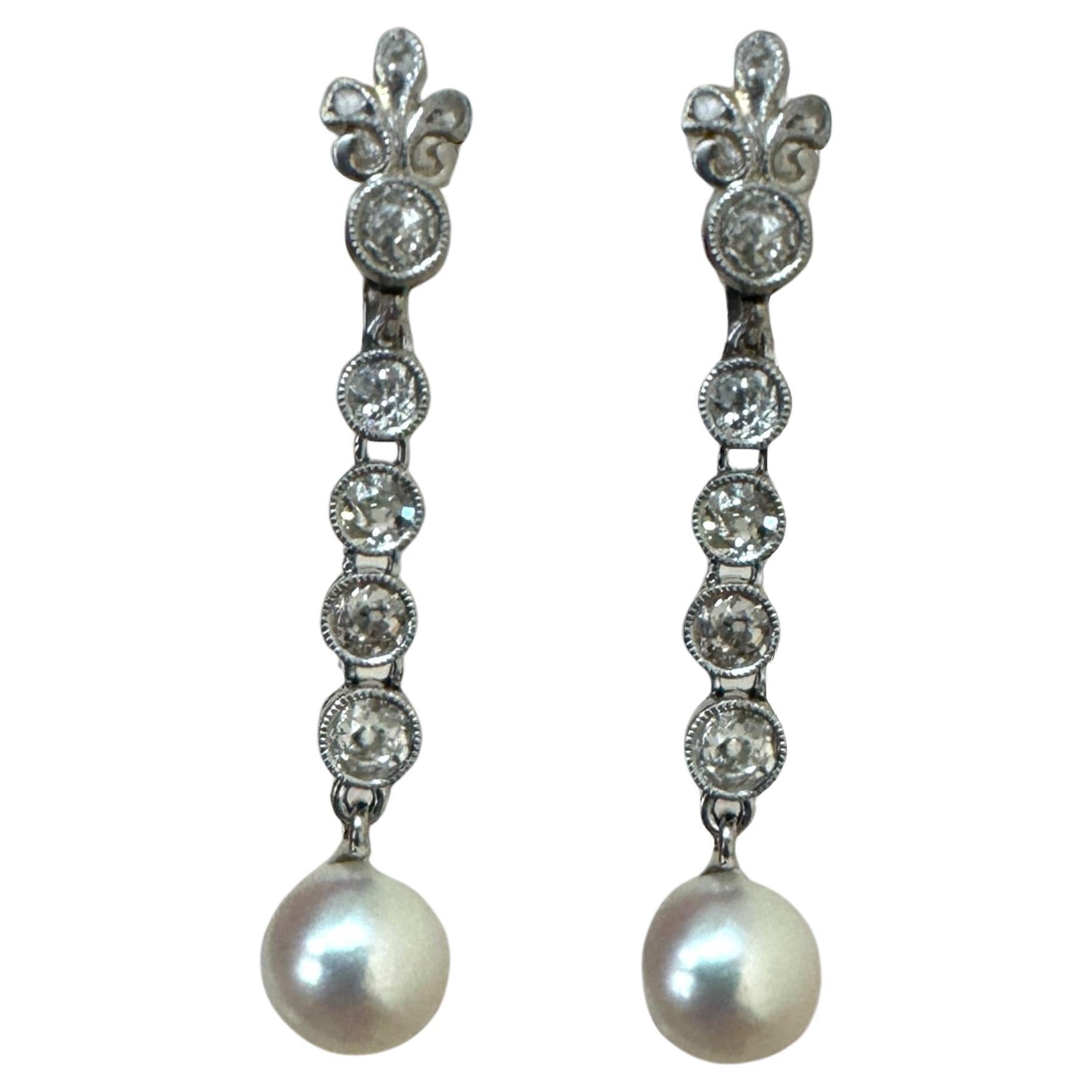 Edwardian Era Platinum Bezel Set Diamond & Pearl Dangle Earrings