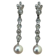 Antique Edwardian Era Platinum Bezel Set Diamond & Pearl Dangle Earrings