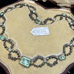 Edwardian Era Platinum, Silver, Emerald, Diamond, and Pearl Necklace
