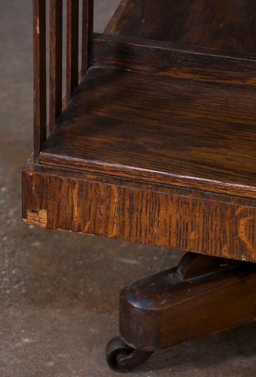 Edwardian-Era Revolving Bookcase or Library Stand of Oak on Rolling Casters 9