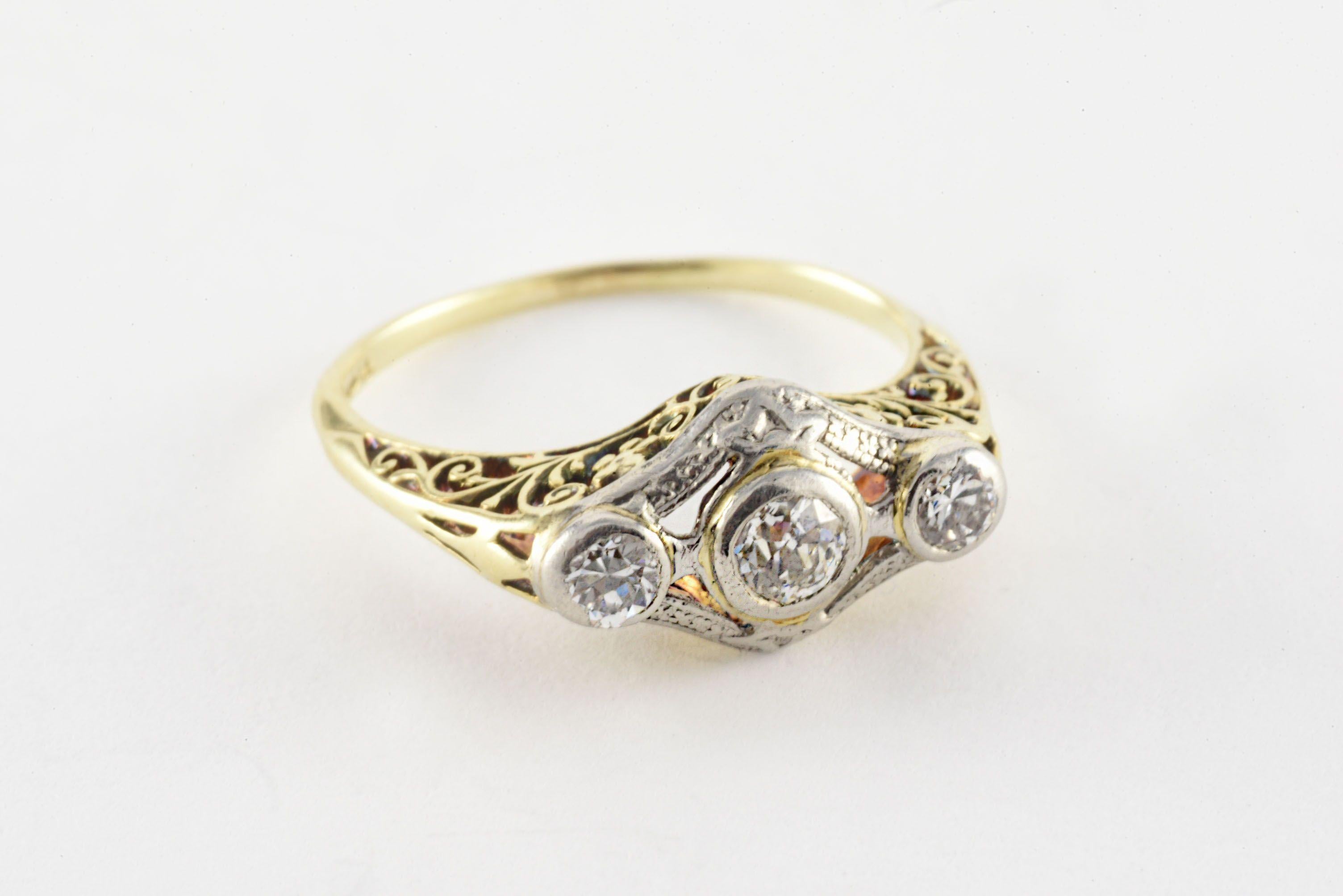 Old European Cut Edwardian Era Three Stone Diamond Ring For Sale