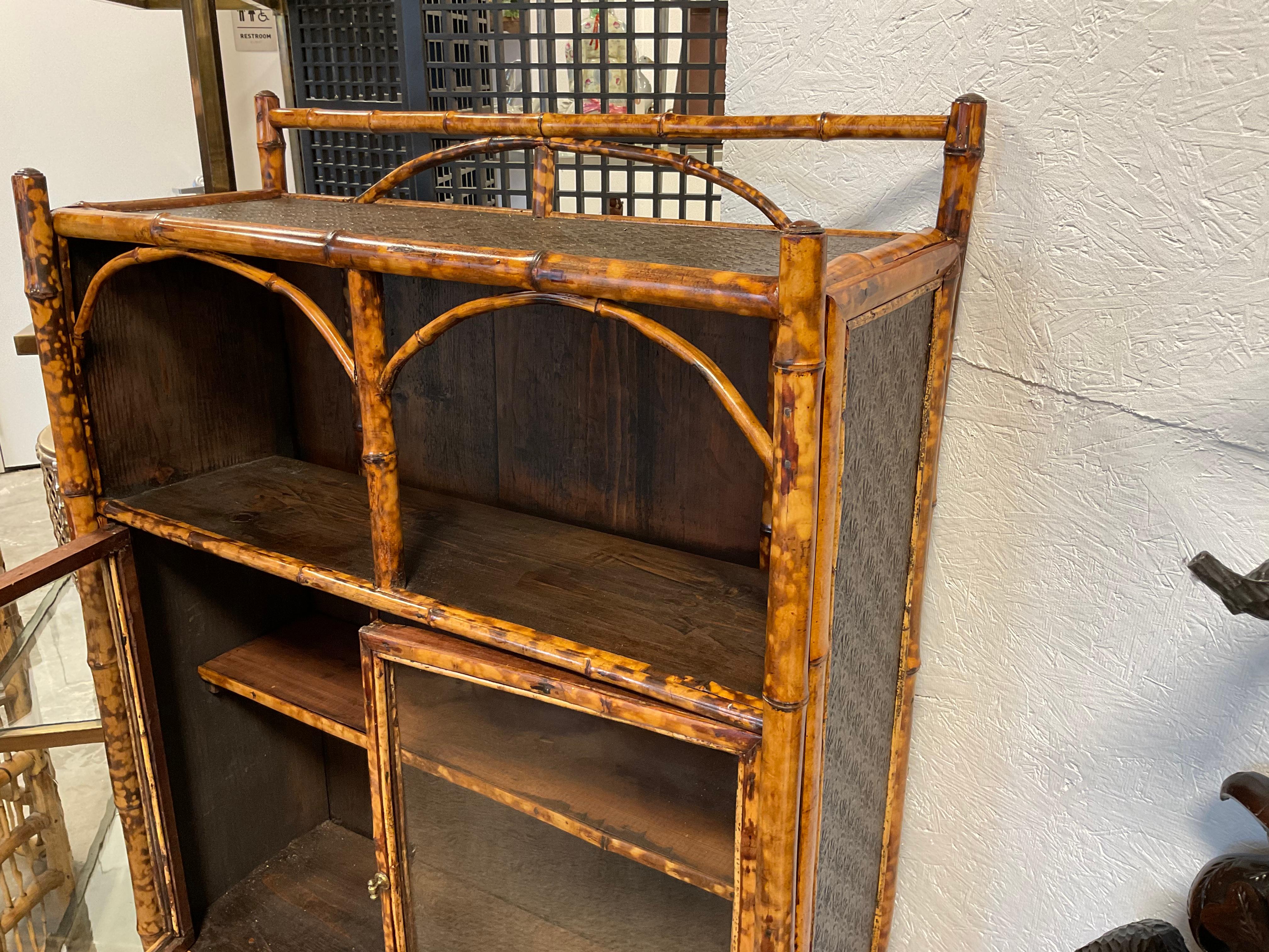 Glass Edwardian Era Tortoise Bamboo Storage Cabinet