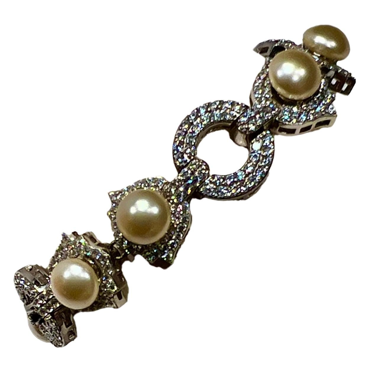 Pulsera Edwardian Estate Diamond Pearl Vintage Costume Jewelry Art Decó en venta