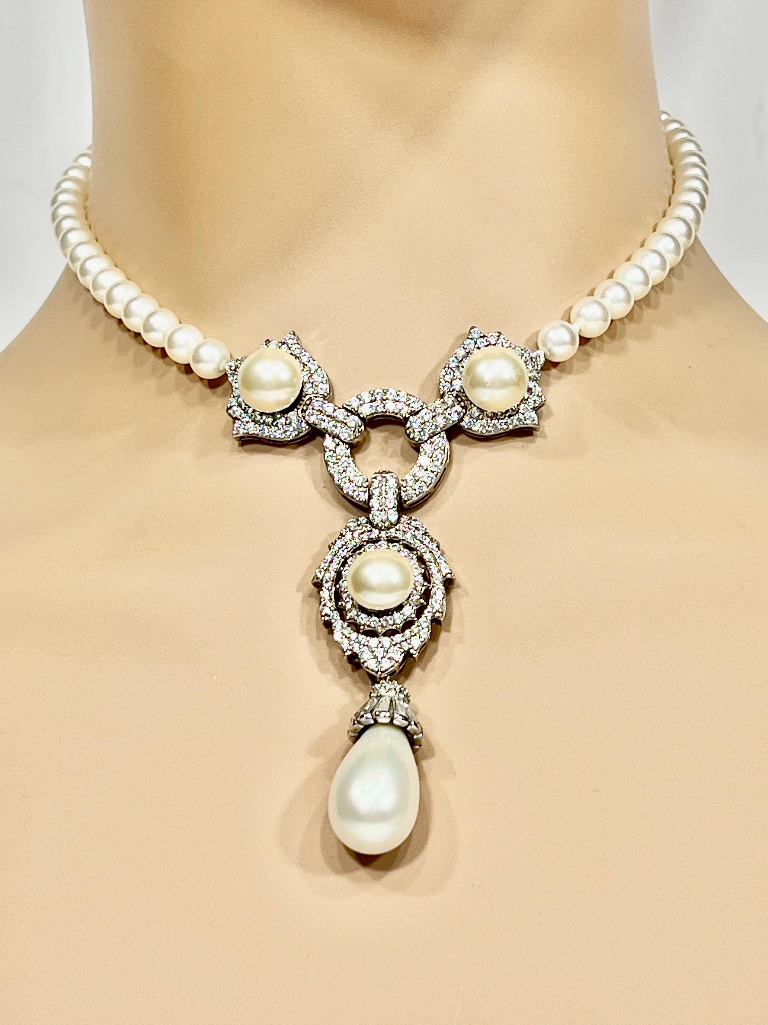 Edwardian Estate Diamond Pearl Vintage Costume Jewelry Necklace  by Clive Kandel
Our exclusive jewellery is unique; this is the only jewel of such design, quality and elegance found on 1stibs.
Elegant pearl and set CZ in rhodium sterling  flexible