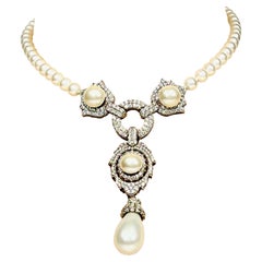 Edwardian Estate Diamond Pearl Vintage Costume Jewelry Necklace by Clive Kandel